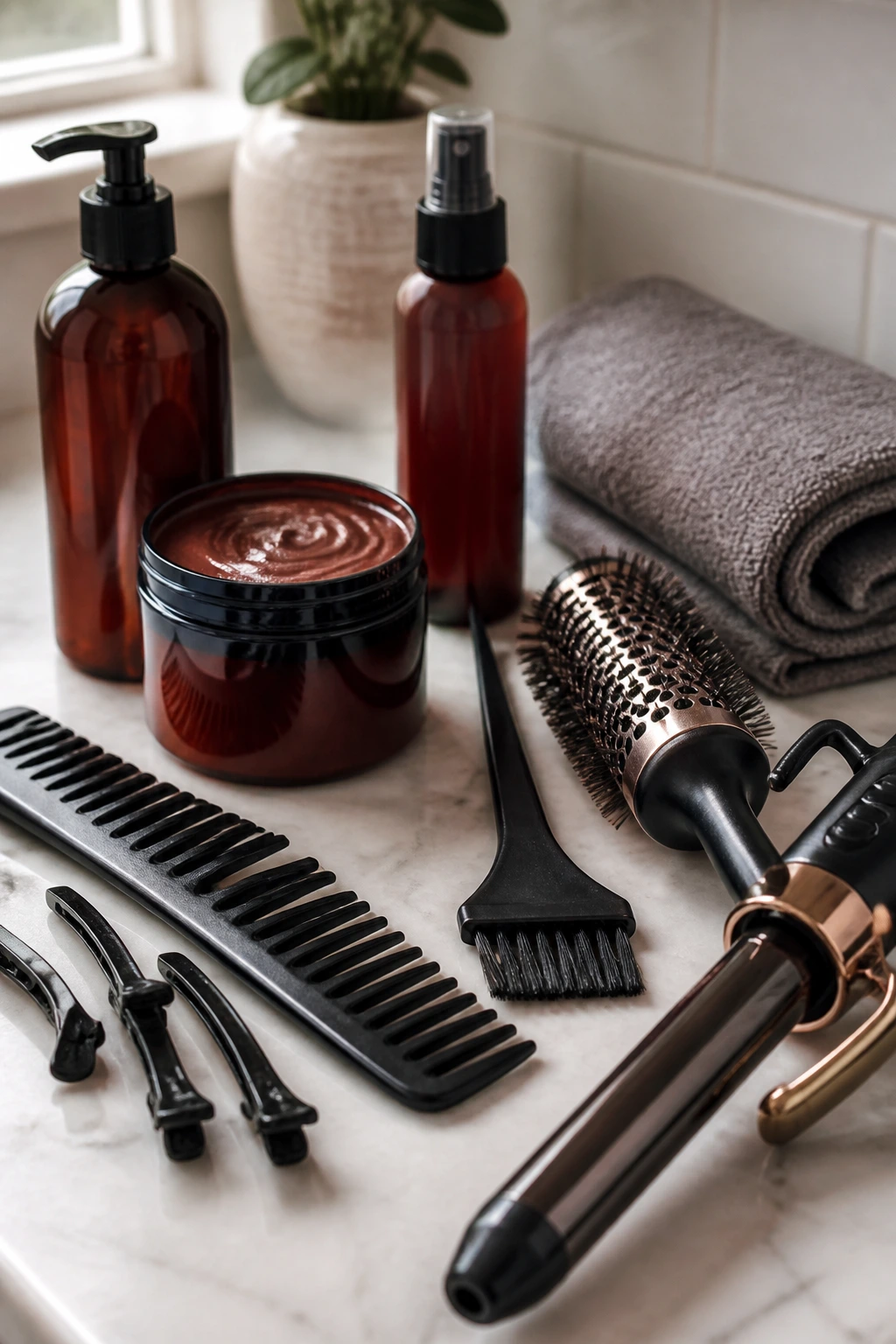 Close-up of essential hair color tools arranged on bathroom counter