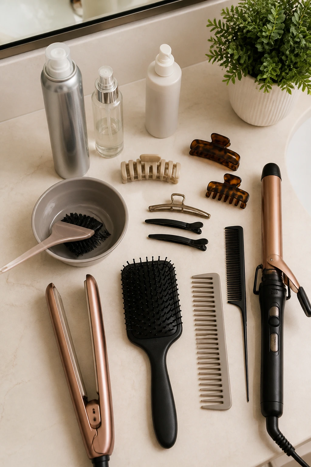 Flat lay of essential hair styling tools on a clean surface.