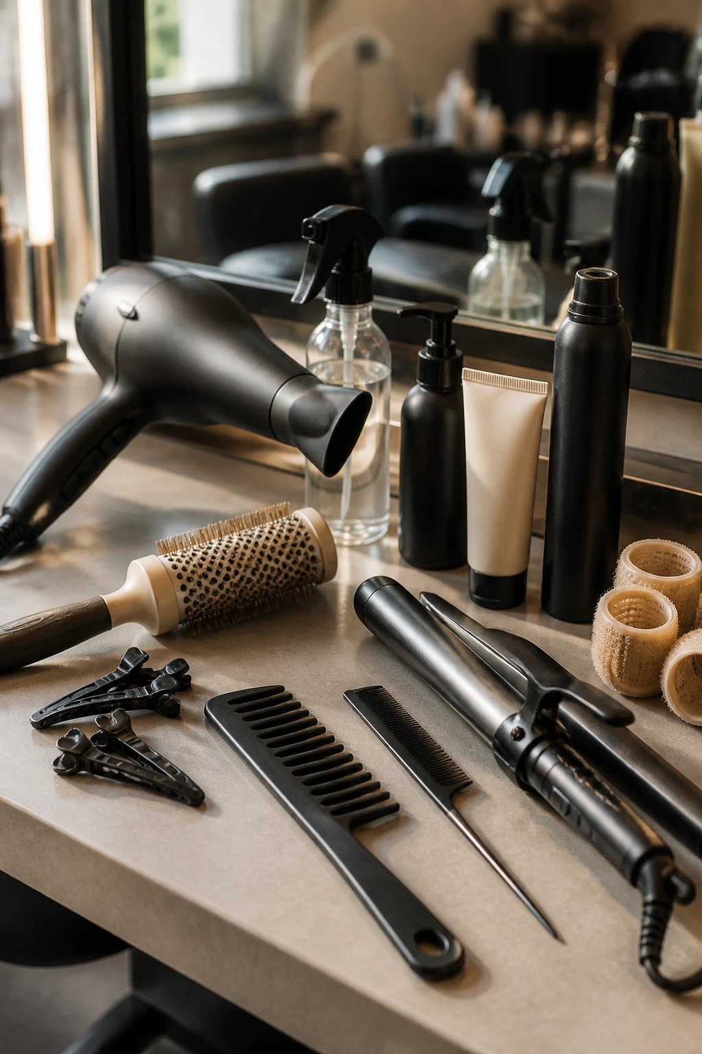 Close-up of professional hair styling tools arranged on a salon counter ready for thick-hair styling