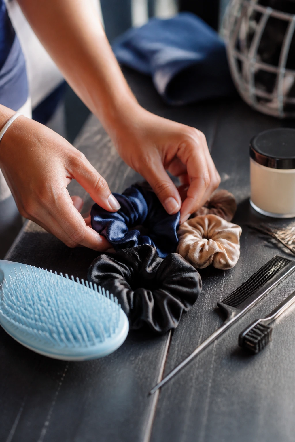 Hands with satin scrunchies and detangling brush on locker bench