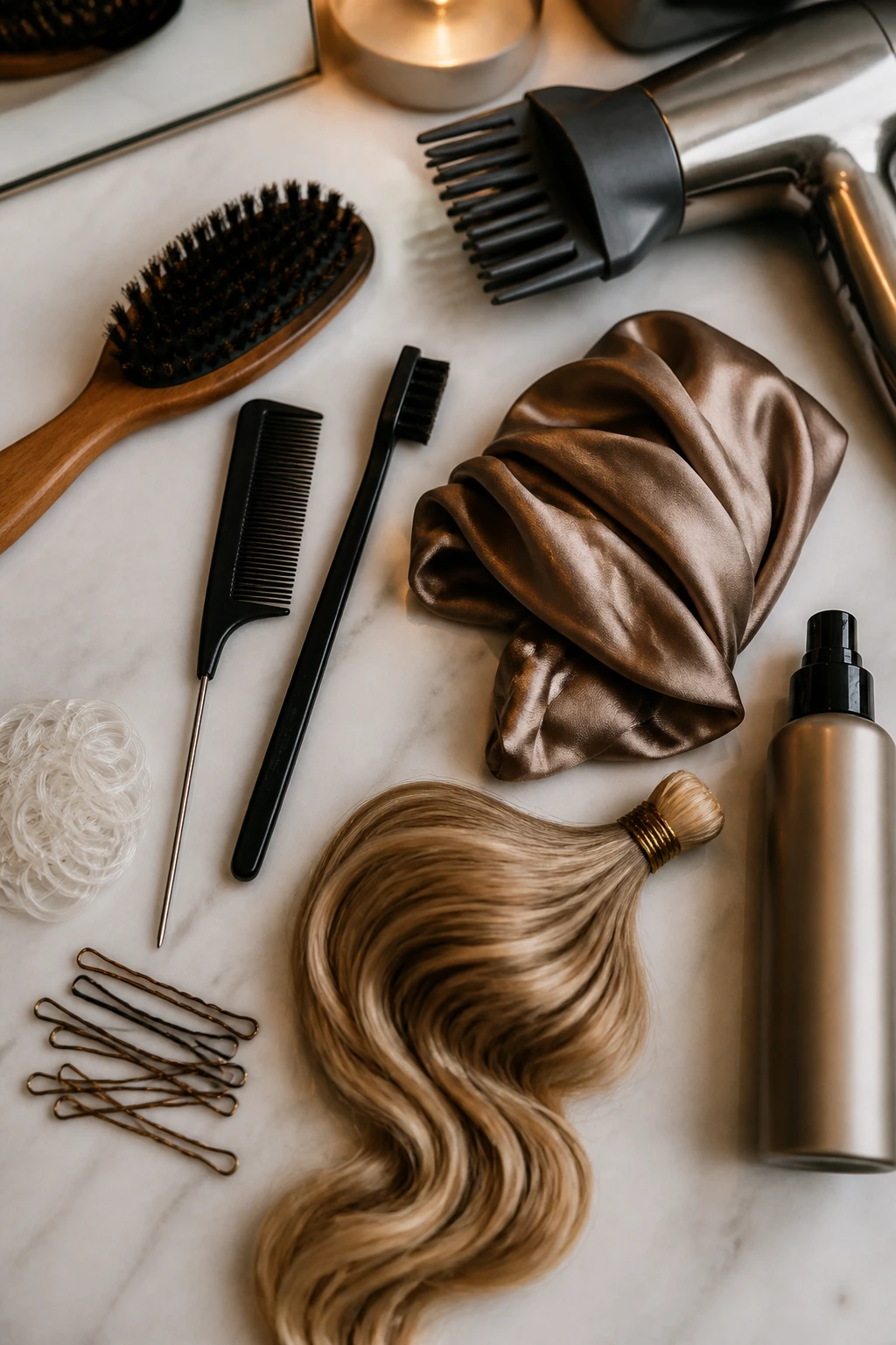 Close-up of essential hair tools arranged for clean base and soft finish