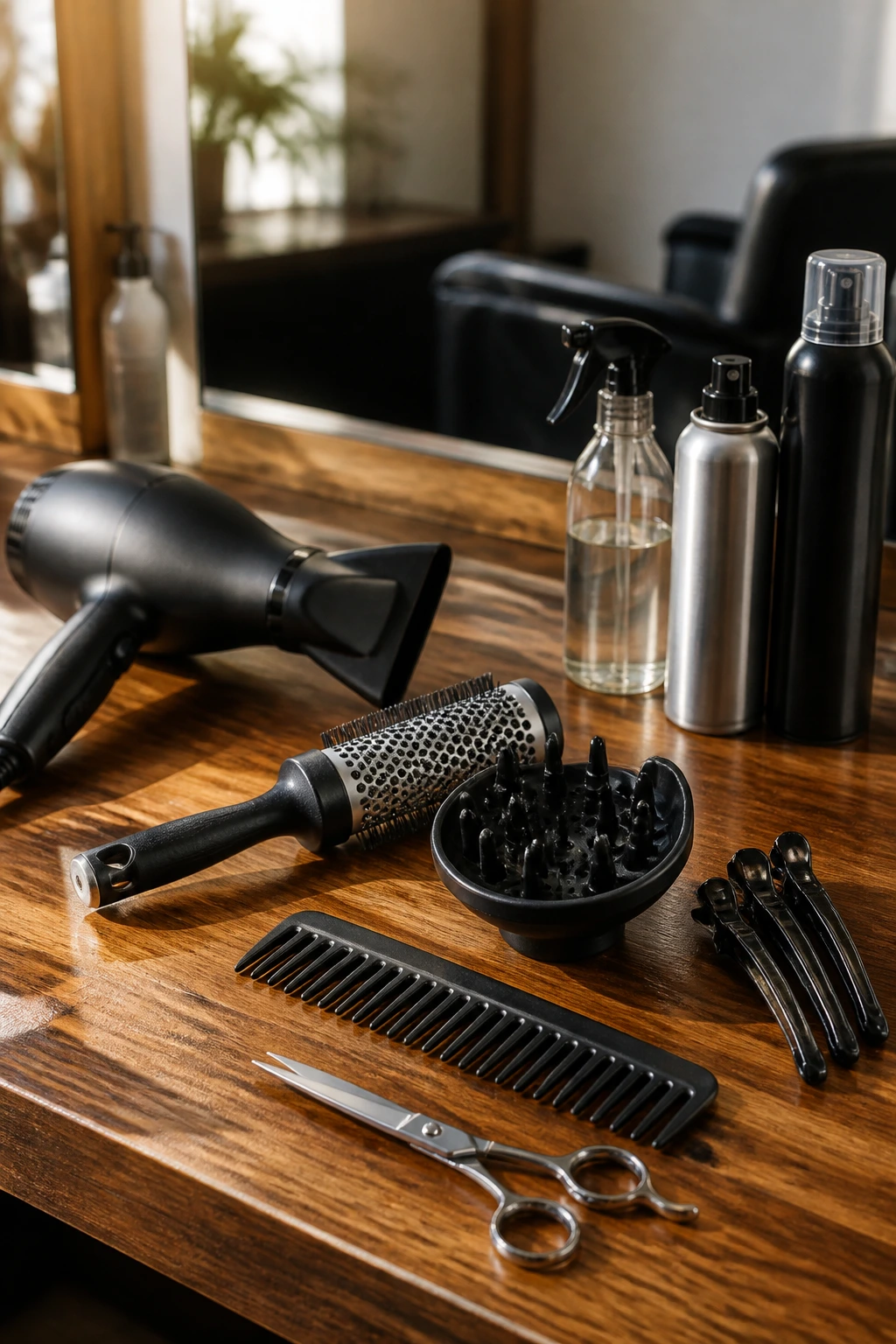 Close-up of essential hair tools for short shag cuts on a wooden surface