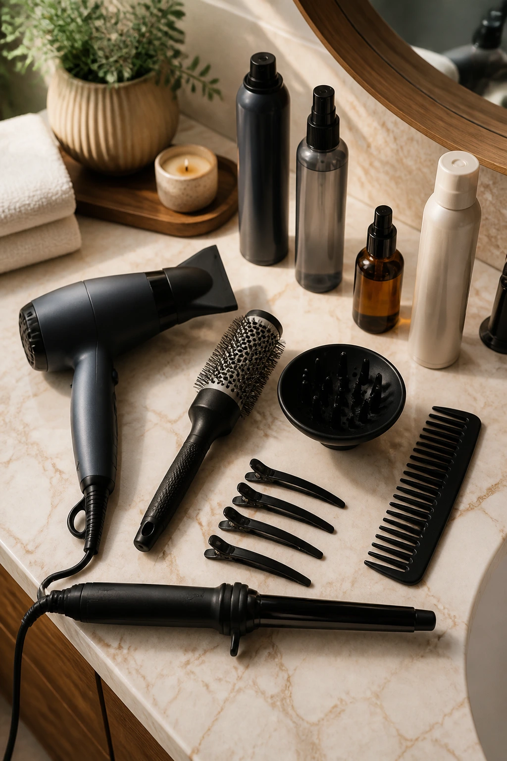 Top-down view of essential shag styling tools on a vanity