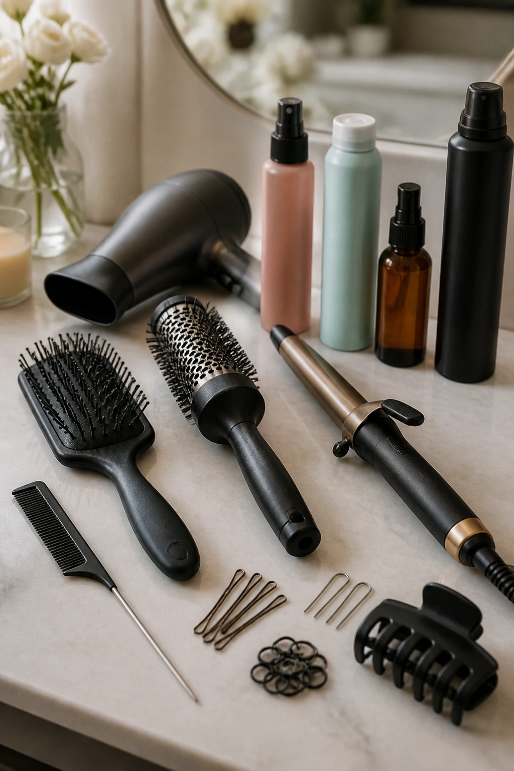 Close-up of assorted hair tools arranged on a vanity for side-swept looks