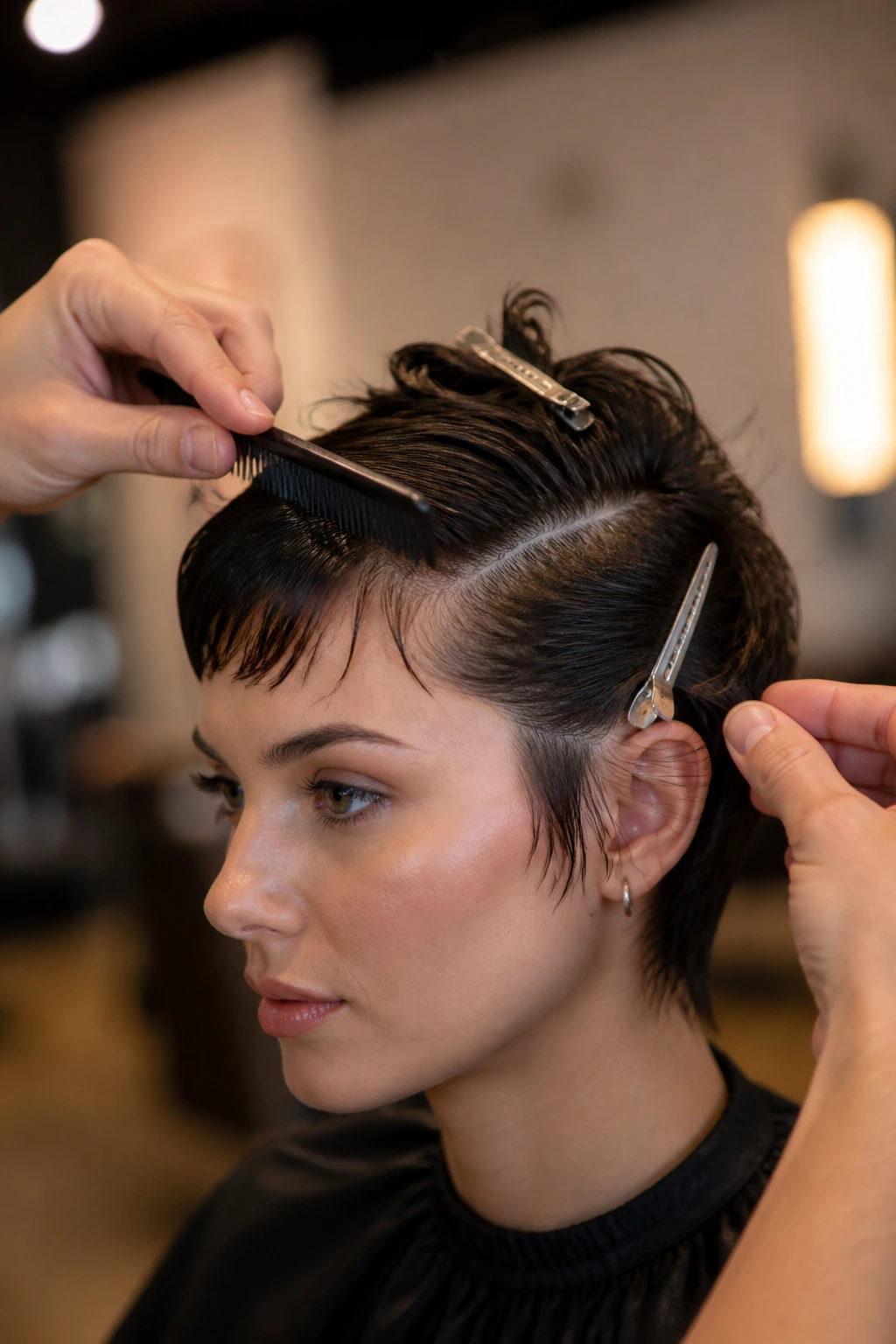 Close-up of real person with short layered hair being styled with brushes, gels, and pins