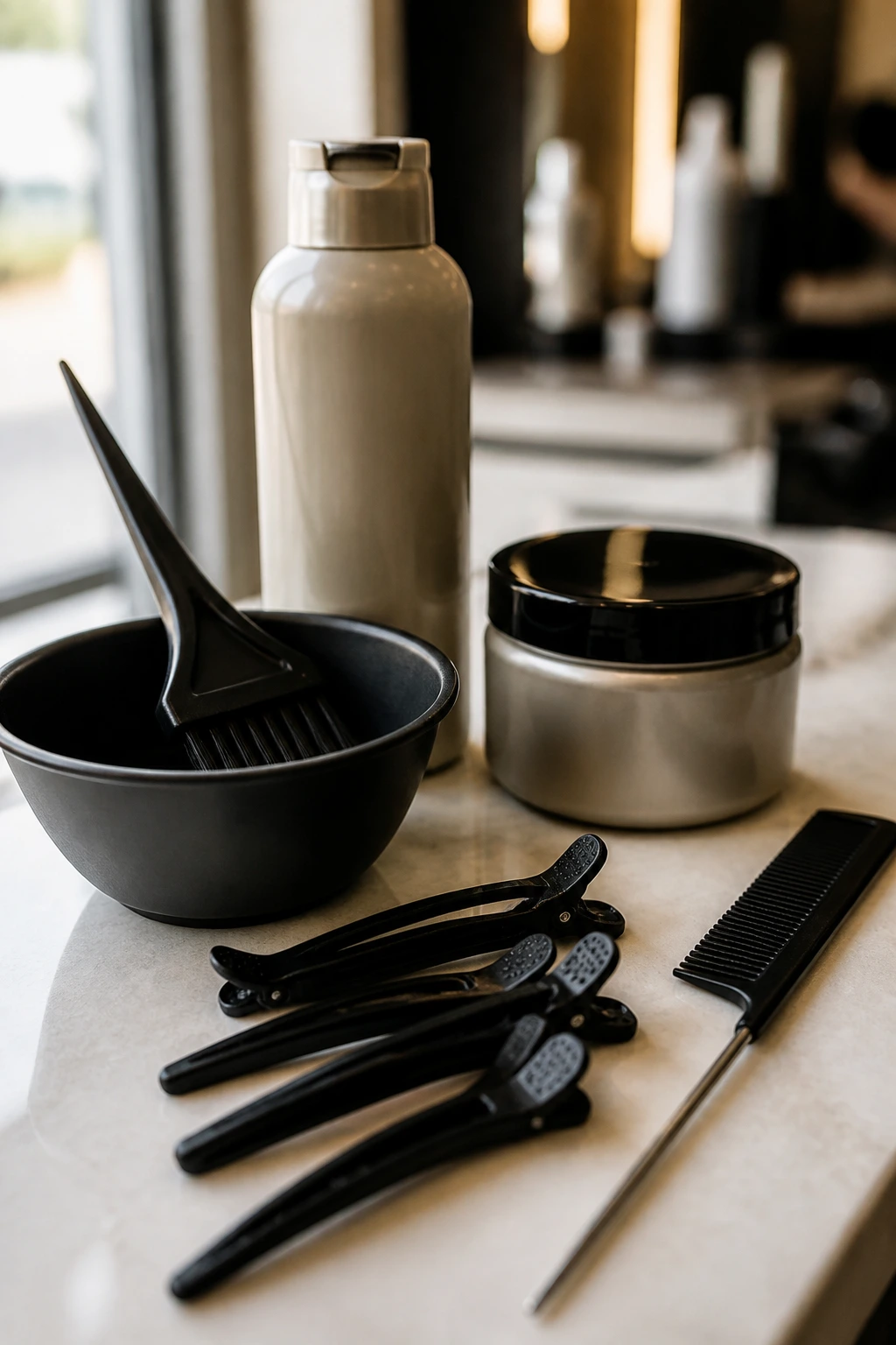 Still life of hair color tools promoting soft blend in warm lighting