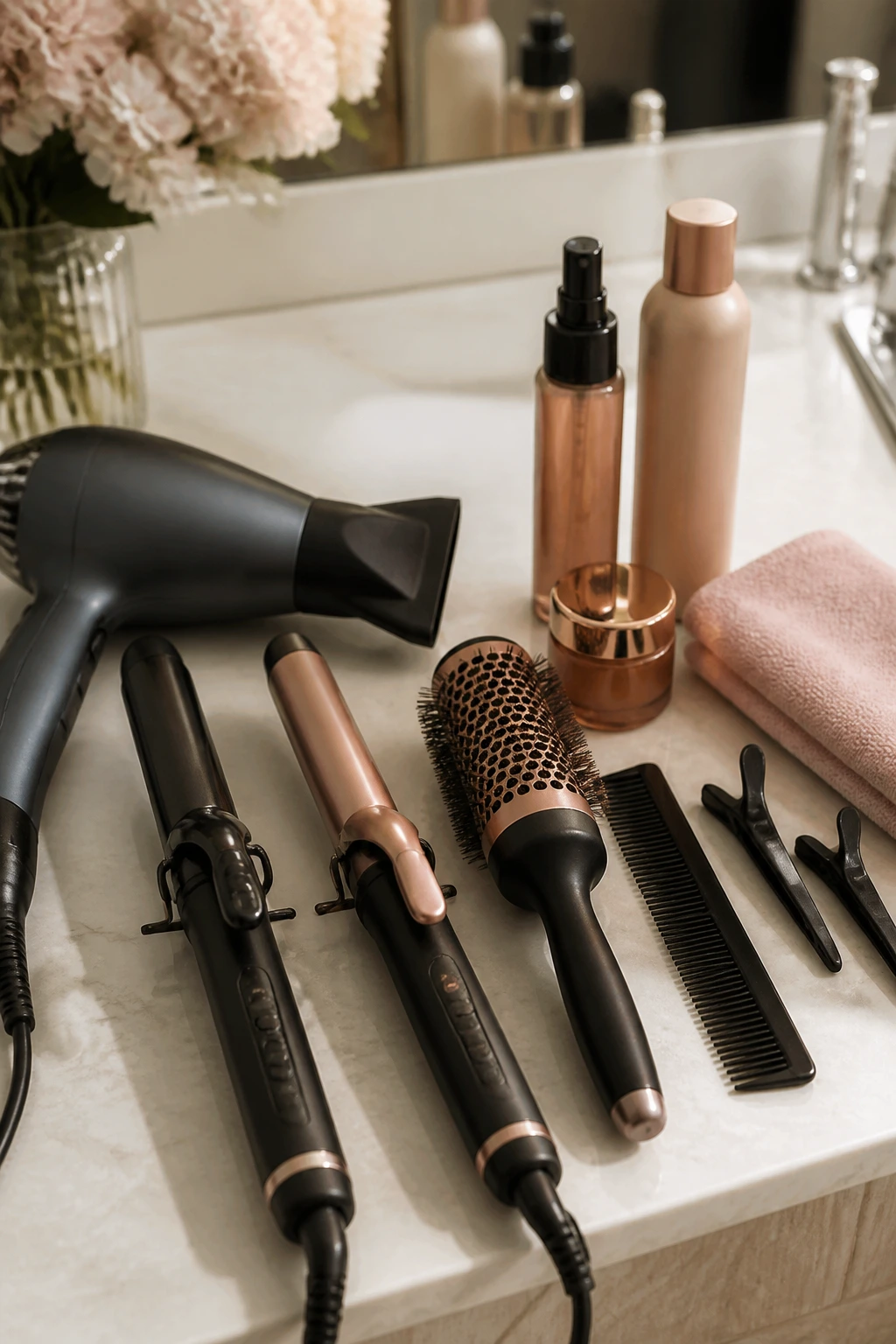 Close-up still life of essential hair tools for strawberry blonde hair.