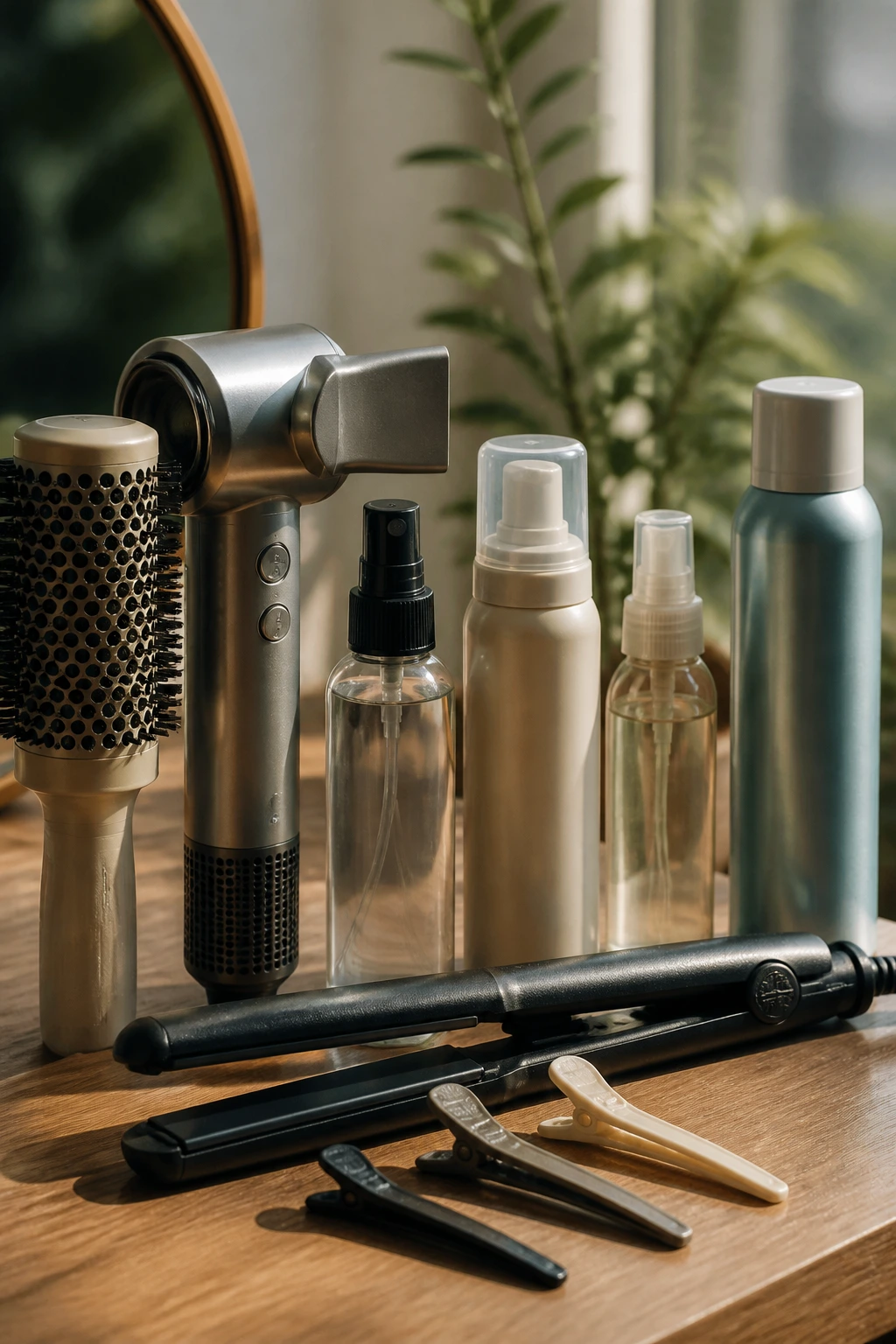Close-up of a set of hair styling tools filling the frame on a vanity