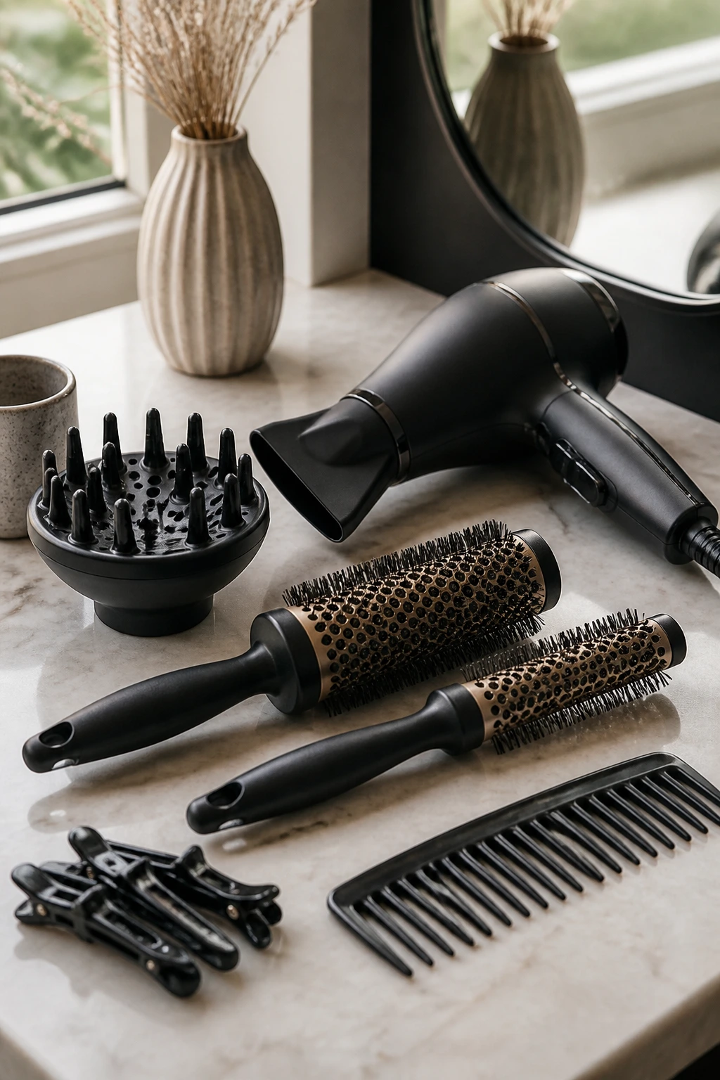 Close-up of essential hair styling tools on a vanity ready for a shag cut routine