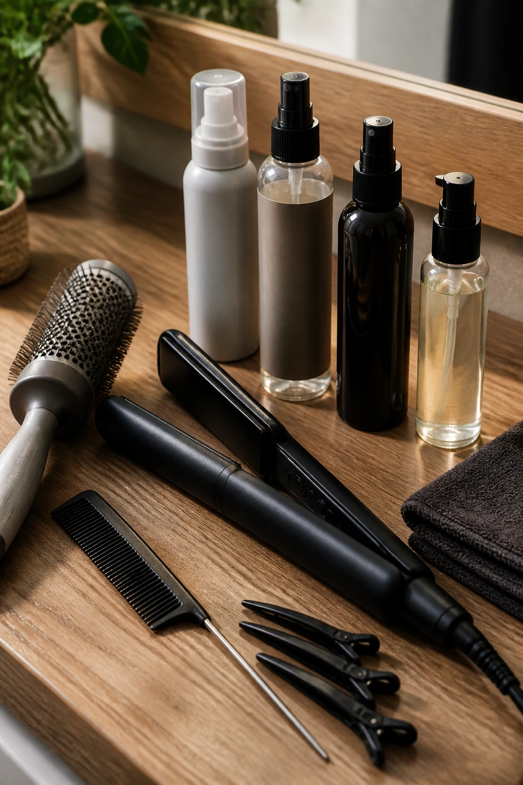 Close-up of hair styling tools and products arranged on a wooden vanity