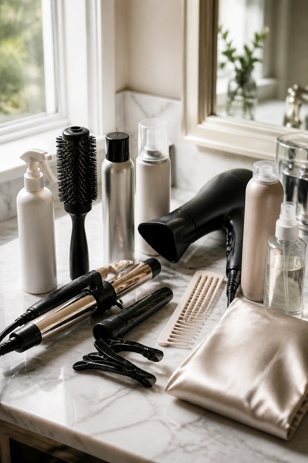 Close-up of essential hair tools arranged on a bathroom counter, including curling iron, brush, dryer, sprays, clips, comb, and satin pillowcase.