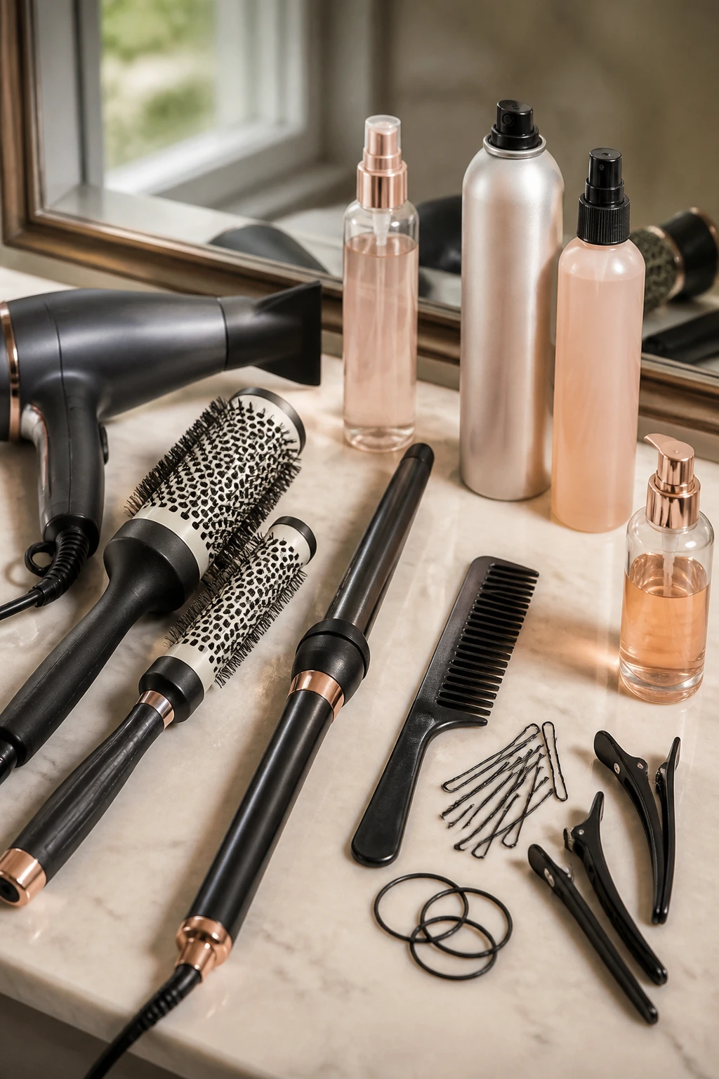 Close-up of essential hair styling tools on a clean vanity