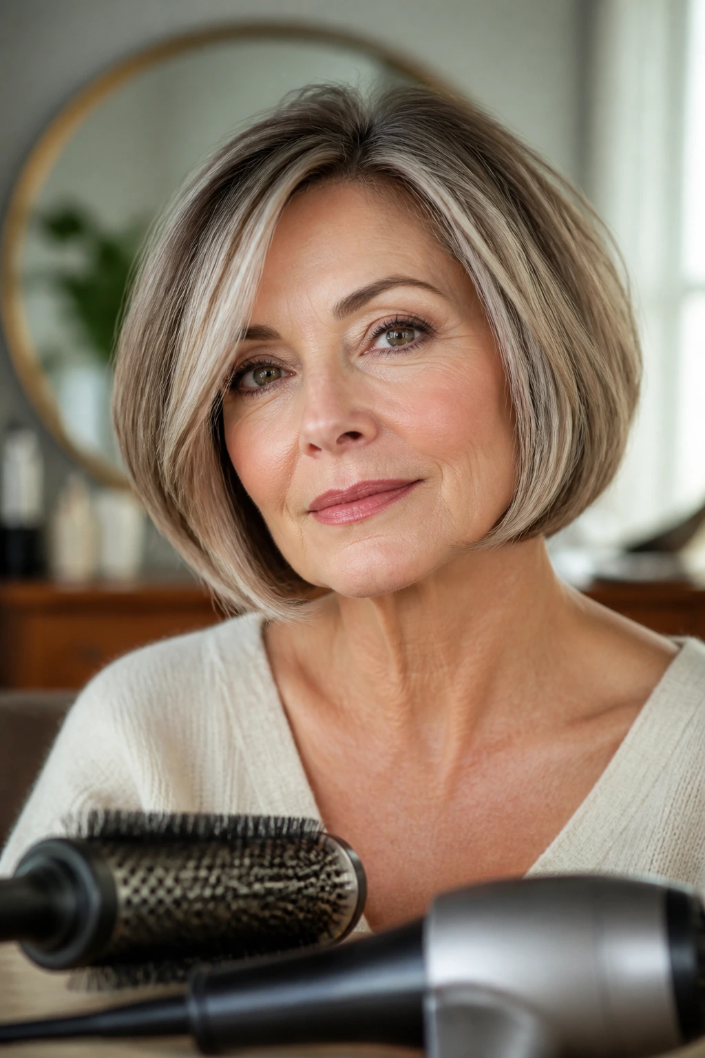 Real woman with chin-length bob with styling tools subtly in the foreground