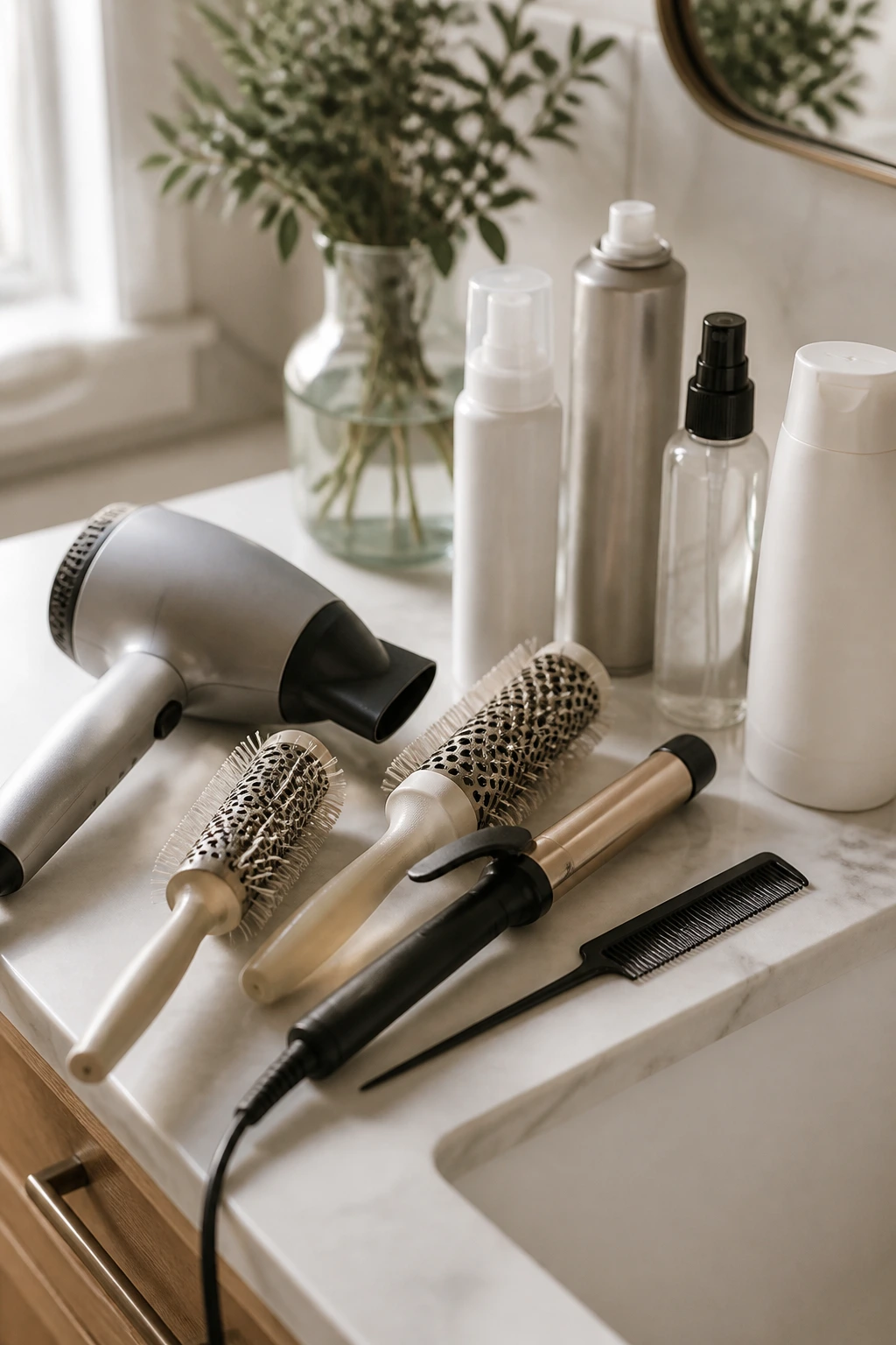 Close-up of hair styling tools arranged on a bathroom vanity