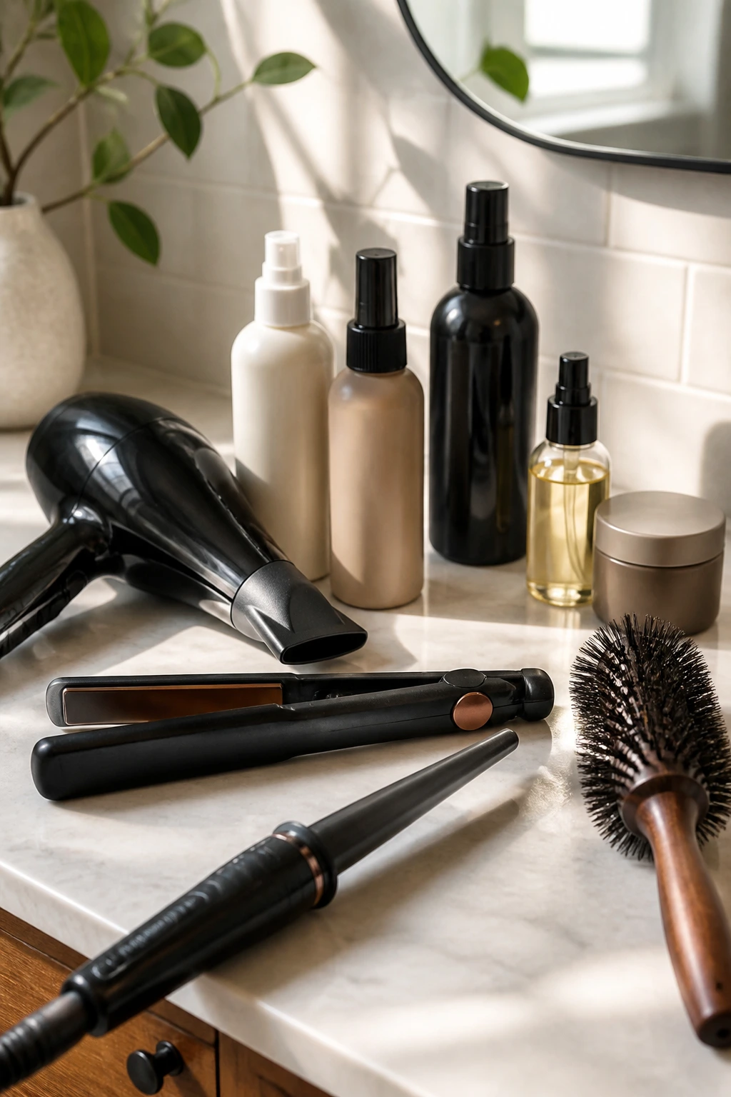 Still-life of essential hair tools for styling a choppy lob