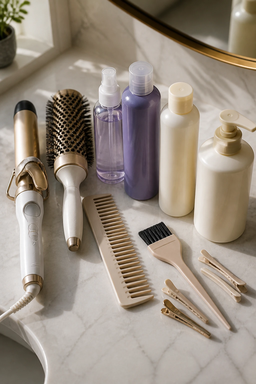 Top-down view of essential hair styling and color-care tools on a counter.