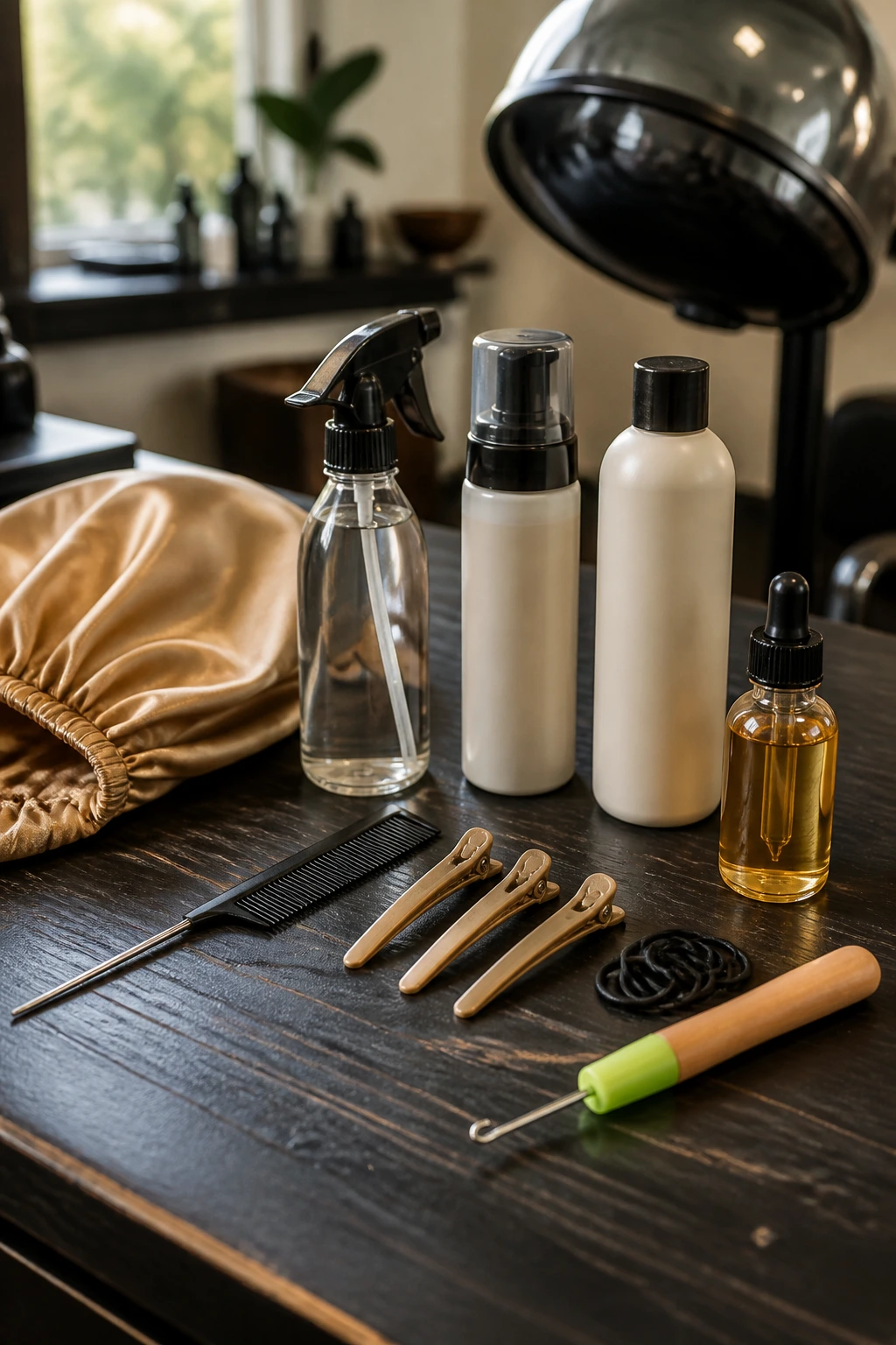 Close-up of essential hair tools for styling and color care arranged on a salon counter
