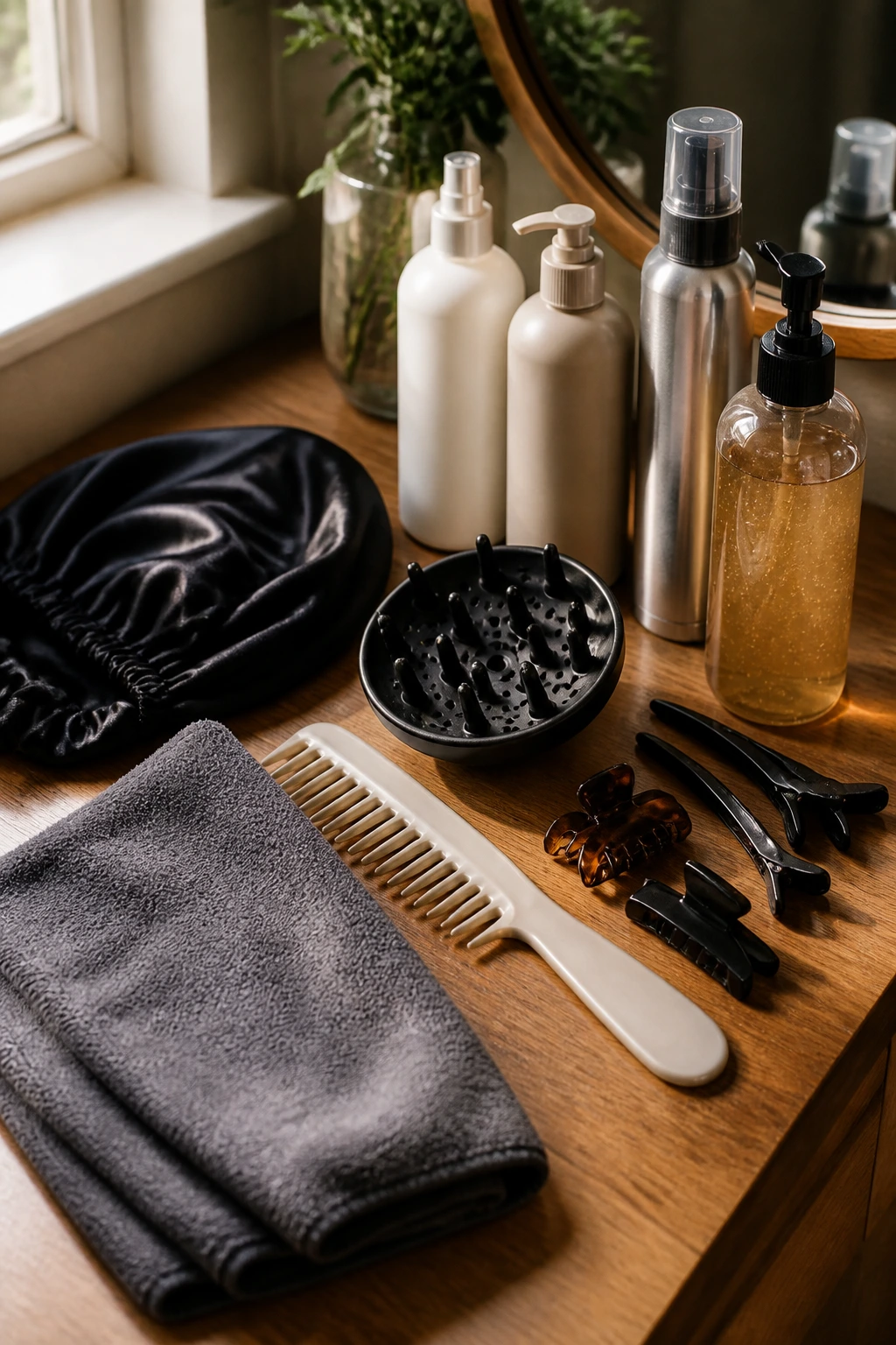 Still life of essential hair styling tools arranged on a vanity for curly styles.