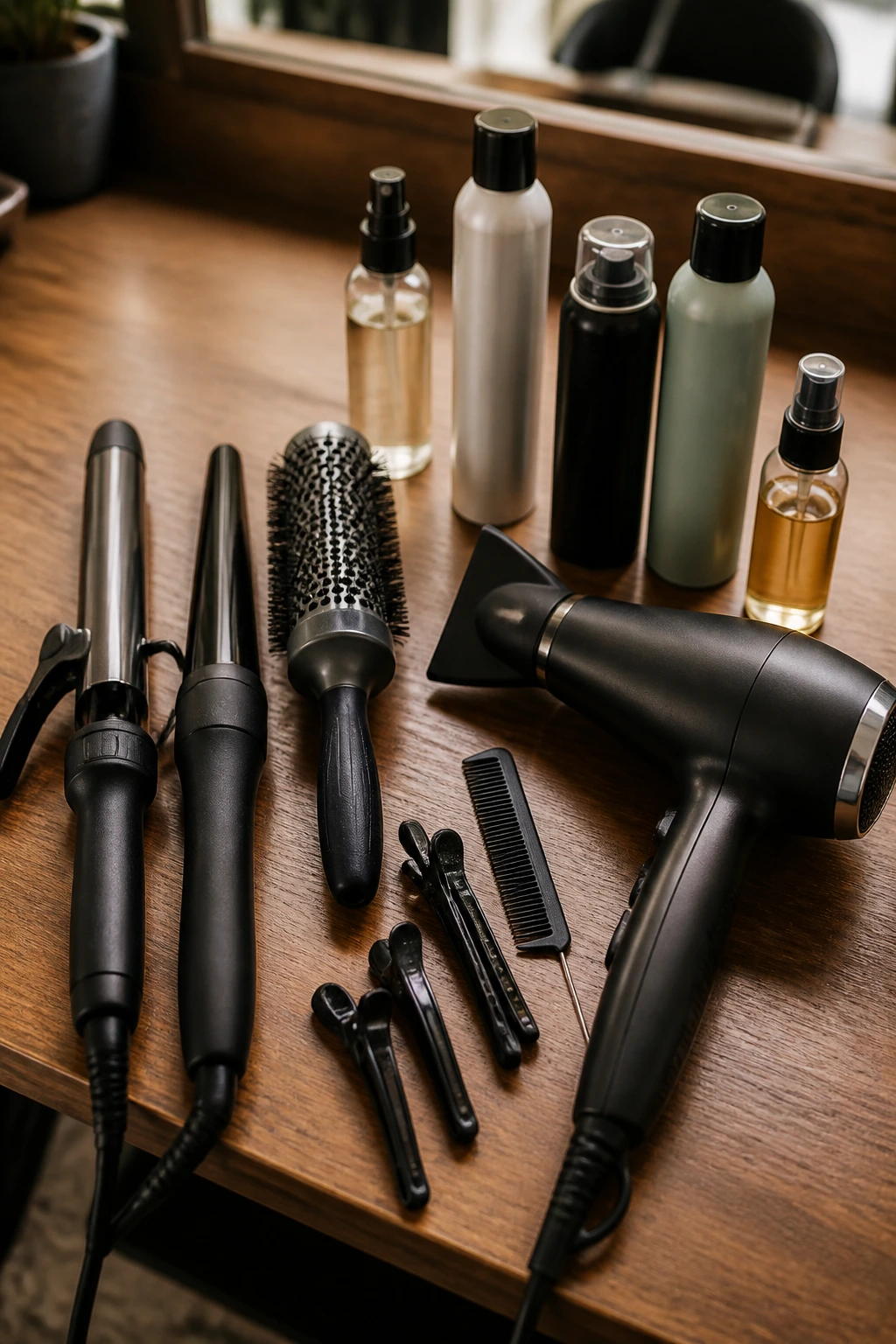 Close-up of professional hairstyling tools on a salon counter