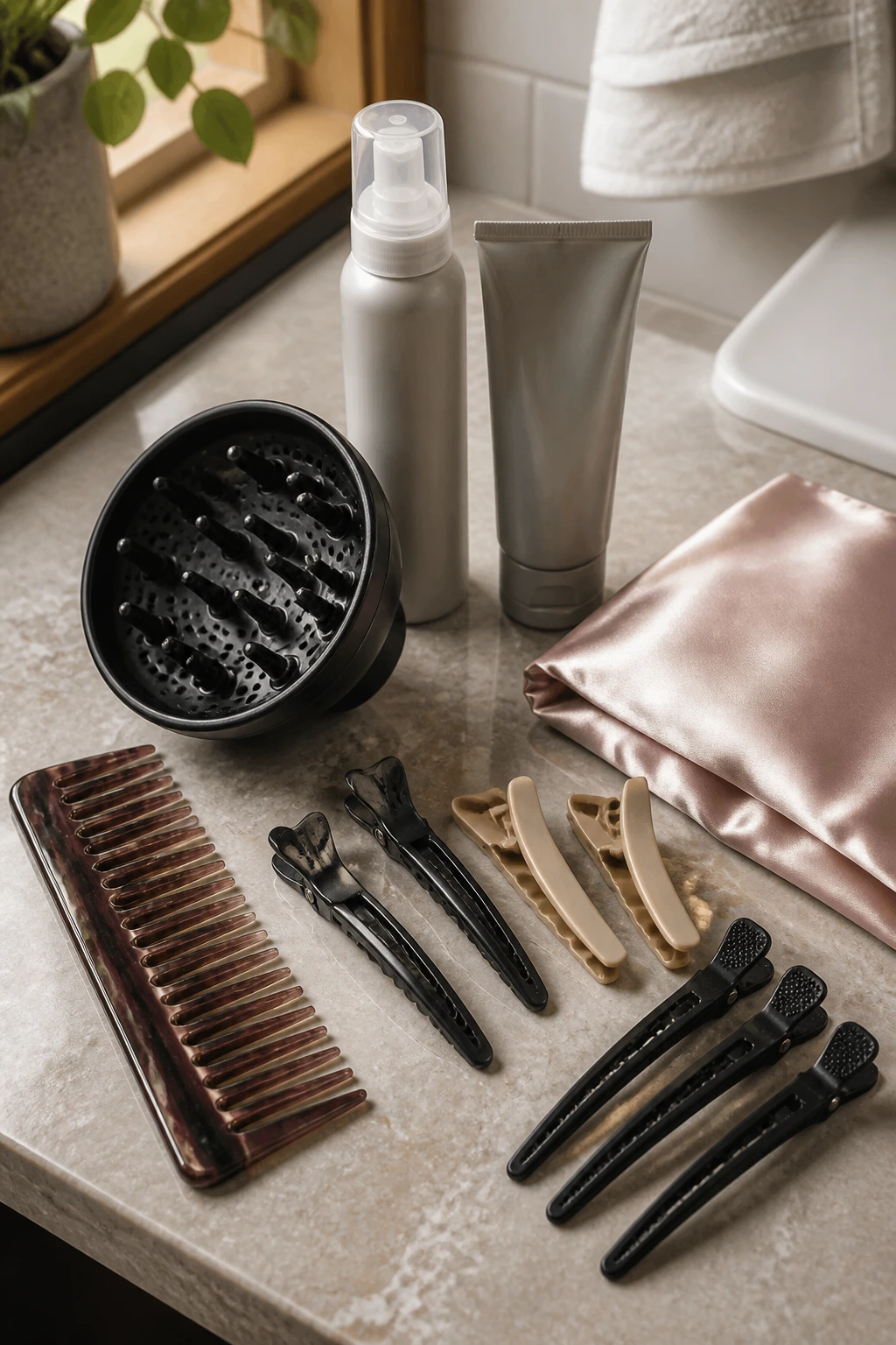 Still life of essential styling tools for thick curls on a bathroom vanity