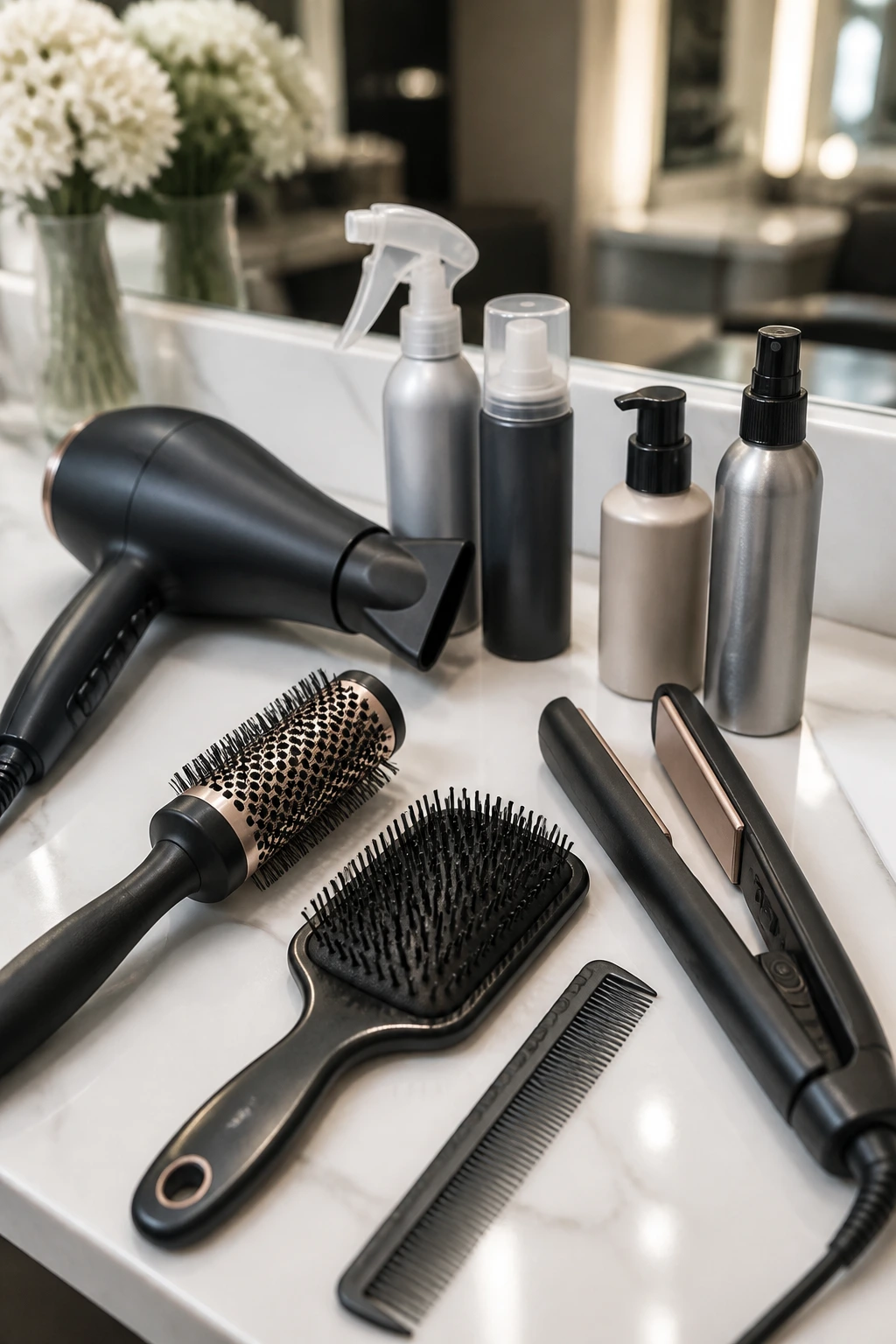Close-up of hair styling tools and products arranged on a vanity.