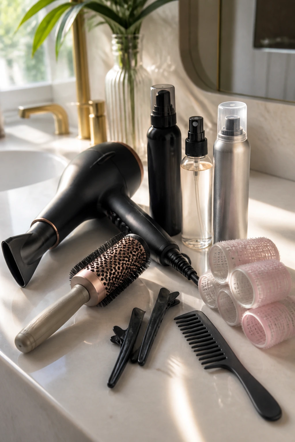 Close-up of hair styling tools and products on a bathroom counter