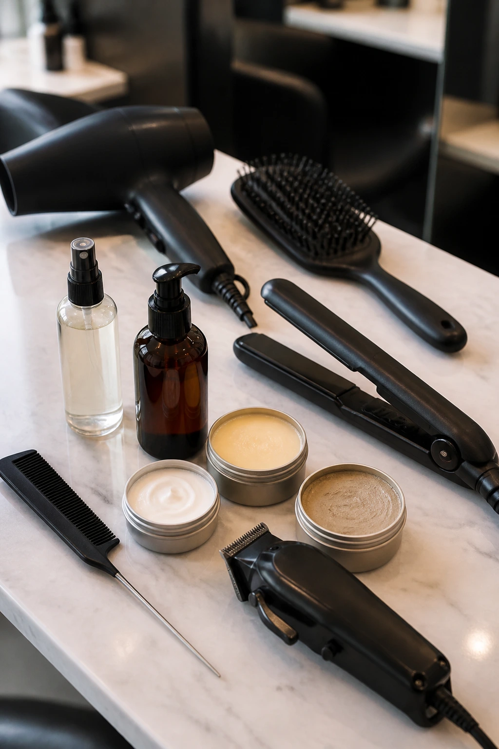 Top-down view of essential hair styling tools and products