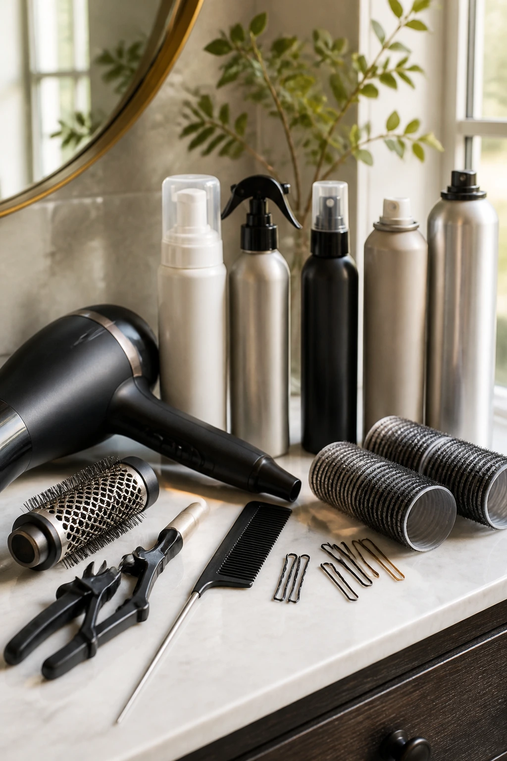 Close-up of essential hair tools and products on a vanity for styling fine hair