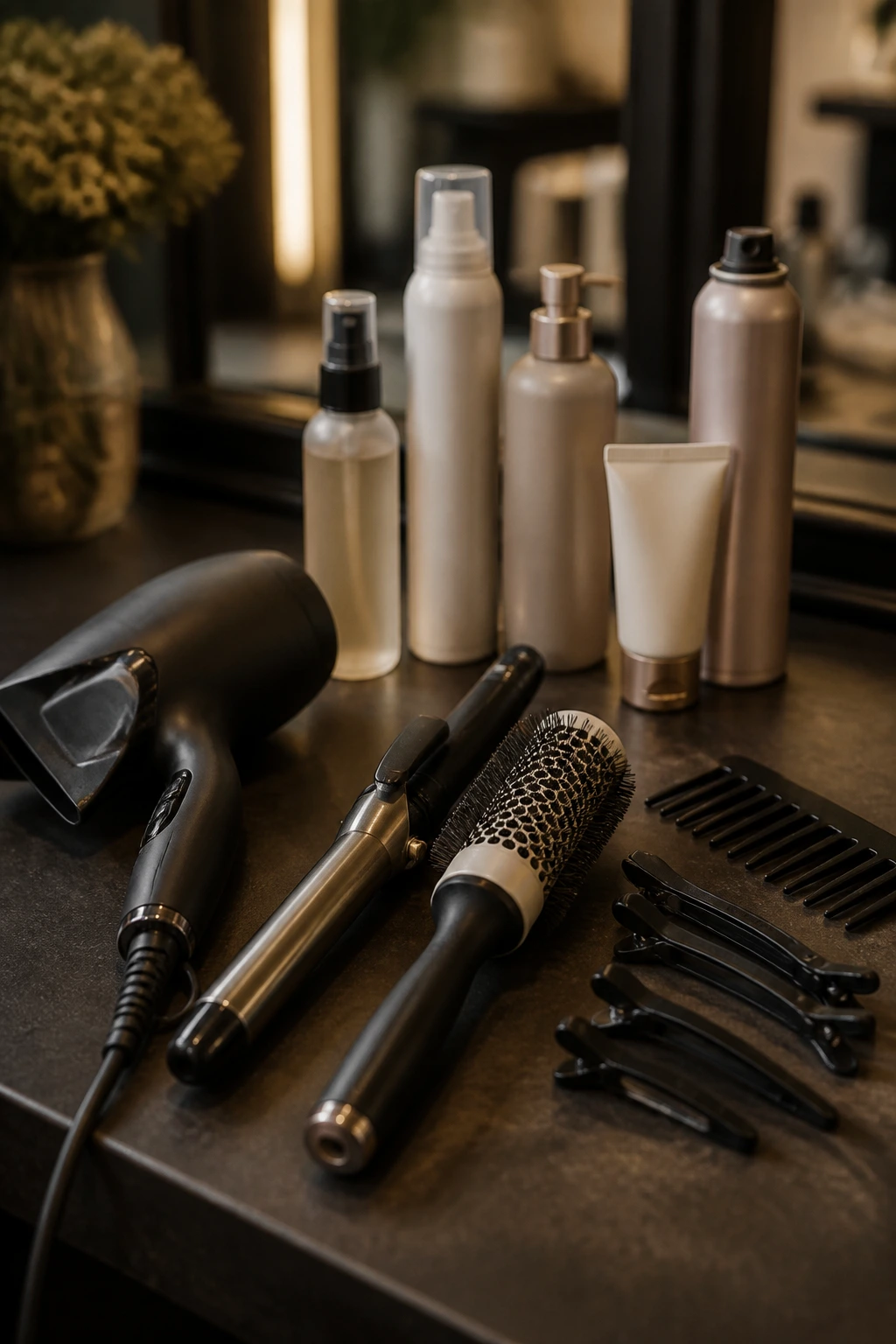Close-up of essential hair tools and styling products on a salon station with no visible labels