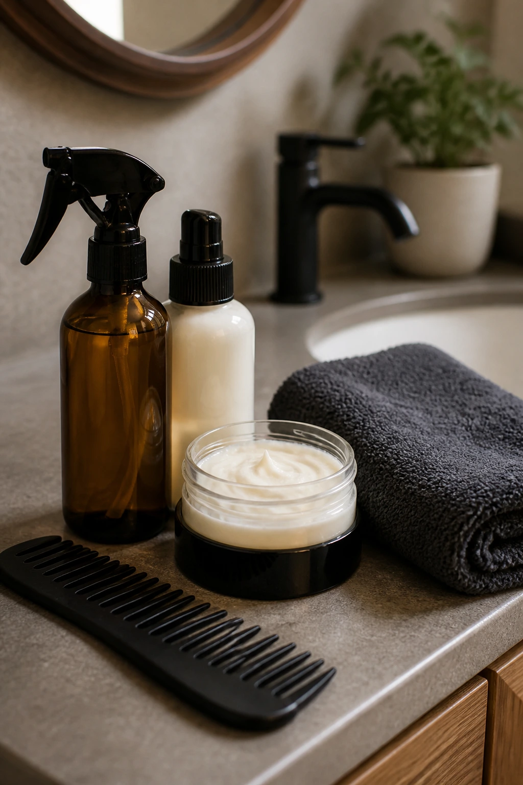 Assorted hair styling tools and products on a bathroom counter