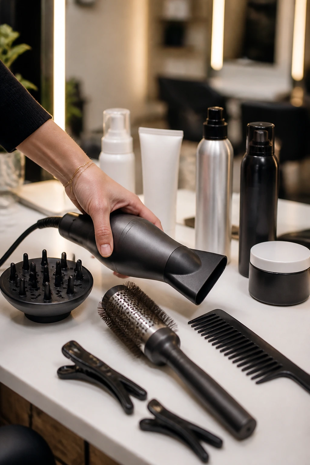 Hands reaching for styling tools and products on a salon counter