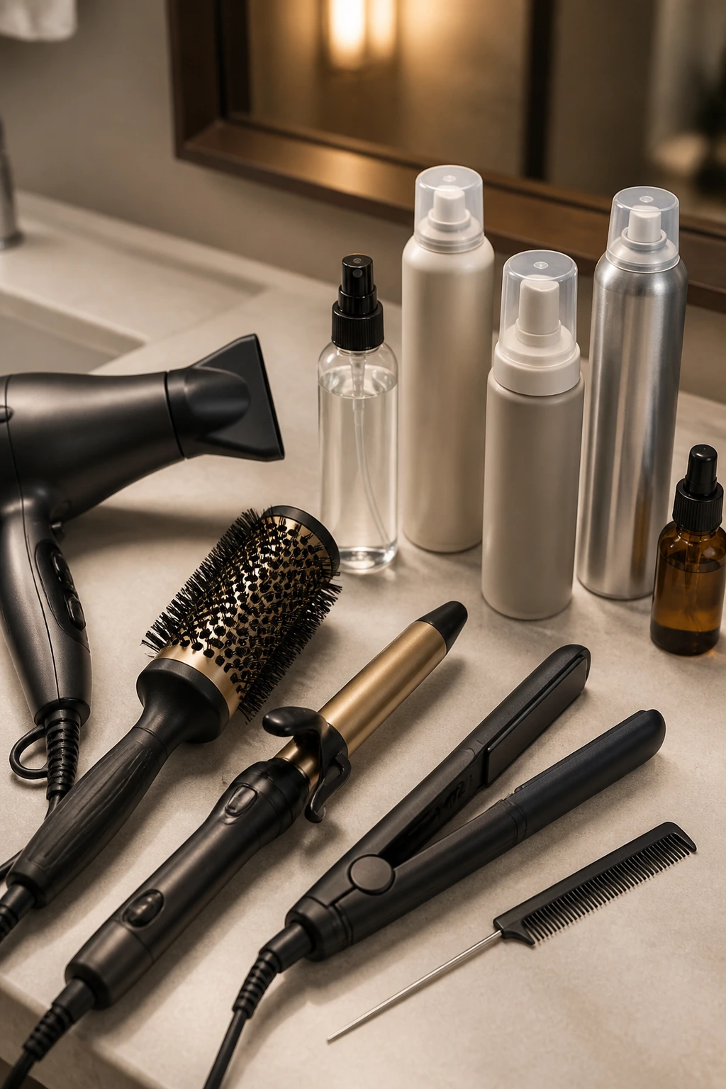 Close-up of essential hair styling tools and products on a vanity.