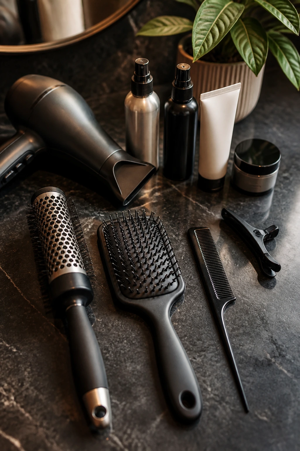 Close-up of professional hair styling tools arranged on a salon surface.