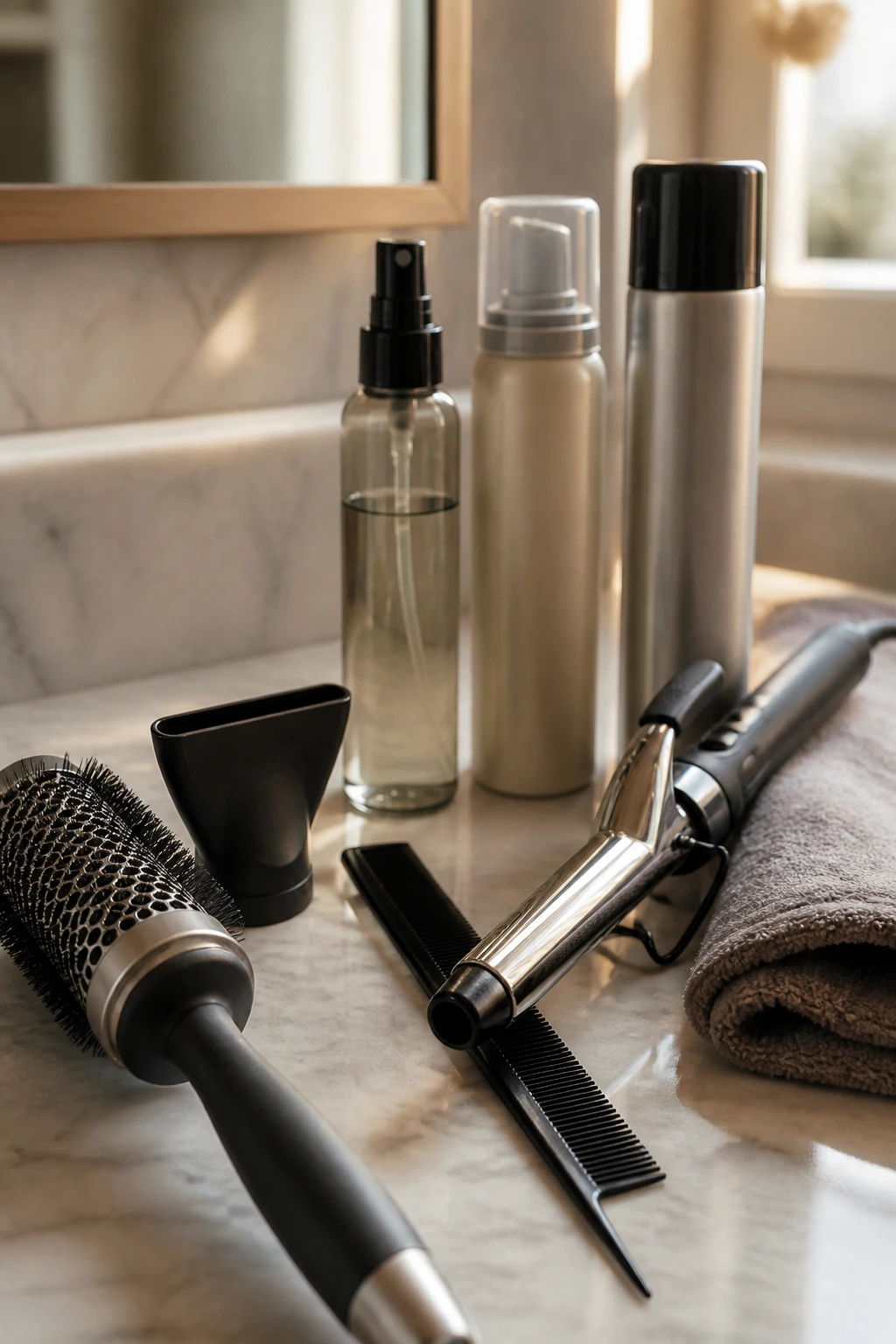 Close-up still life of essential hair styling tools for face-framing cuts.