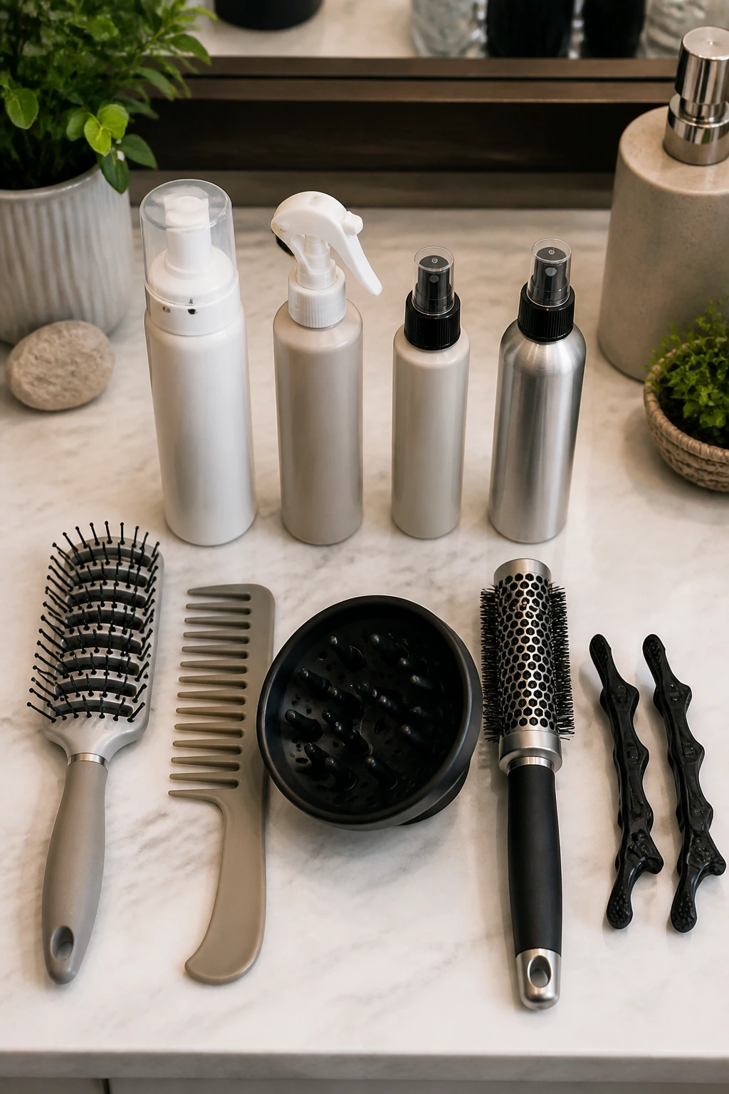 Top-down view of neatly arranged hair styling tools on a vanity