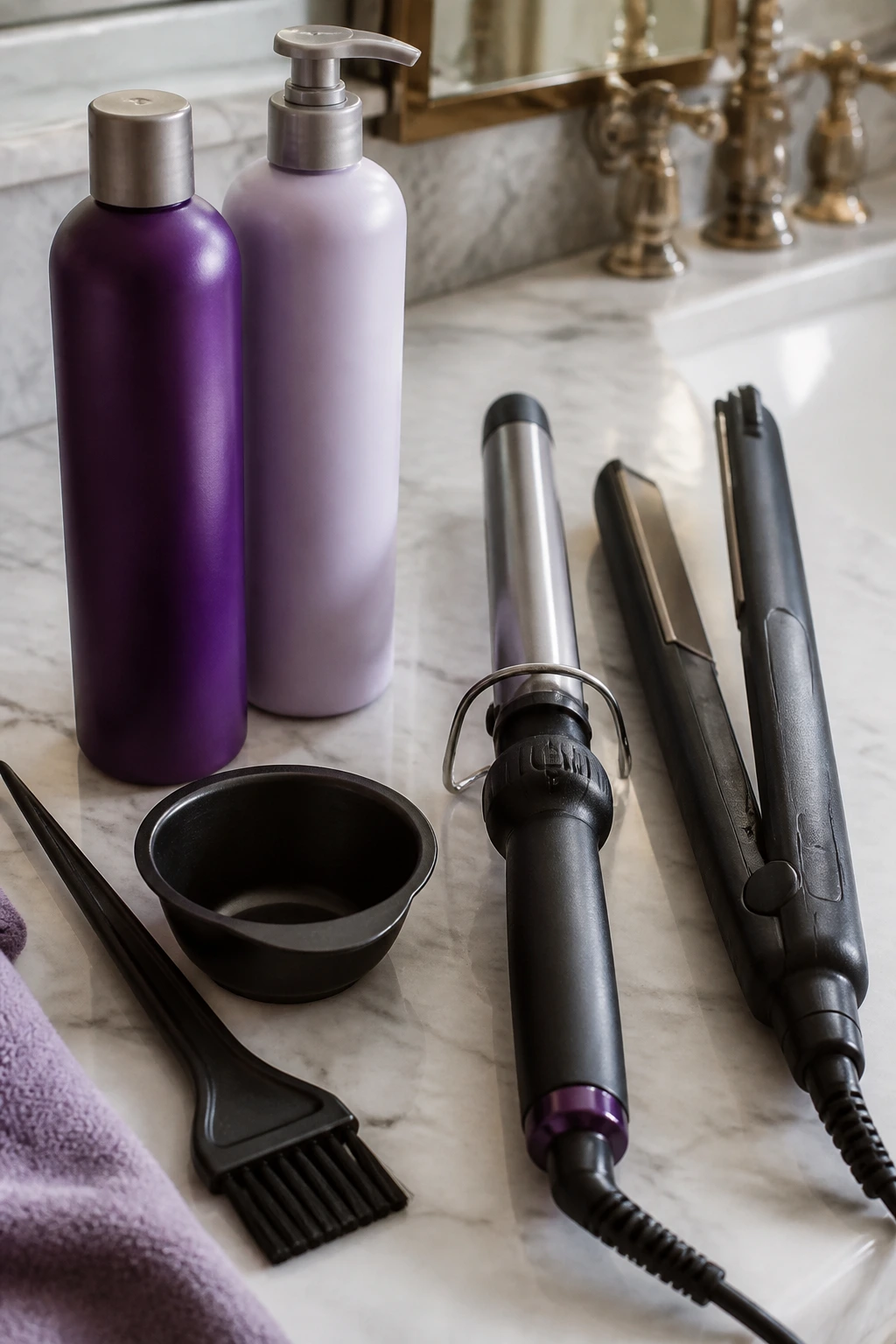 Close-up of essential white-silver hair styling tools on a vanity.