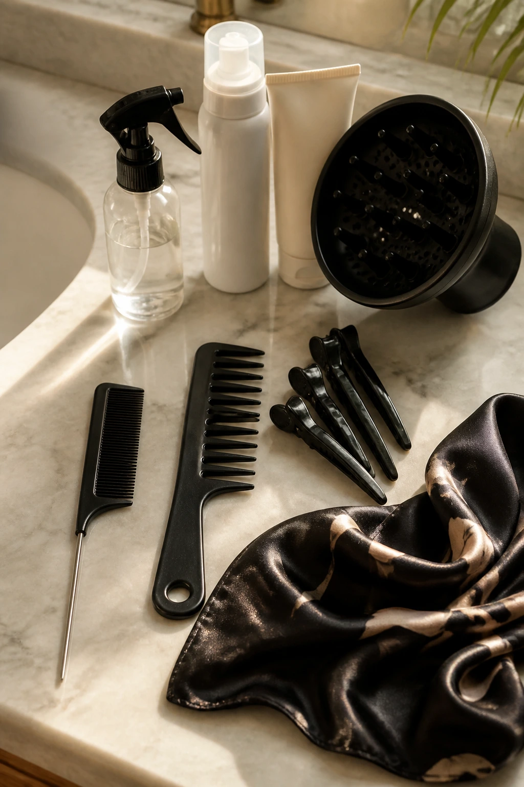 Close-up of hair styling tools arranged on a bathroom counter