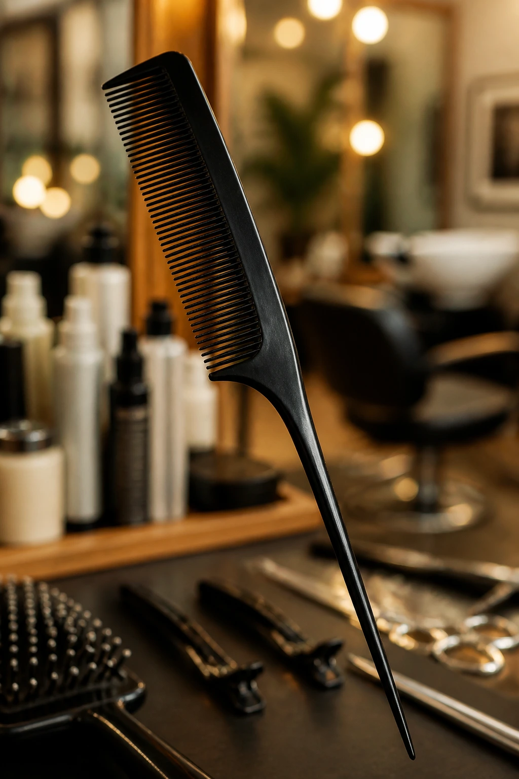 Tail comb in sharp focus with a soft salon background