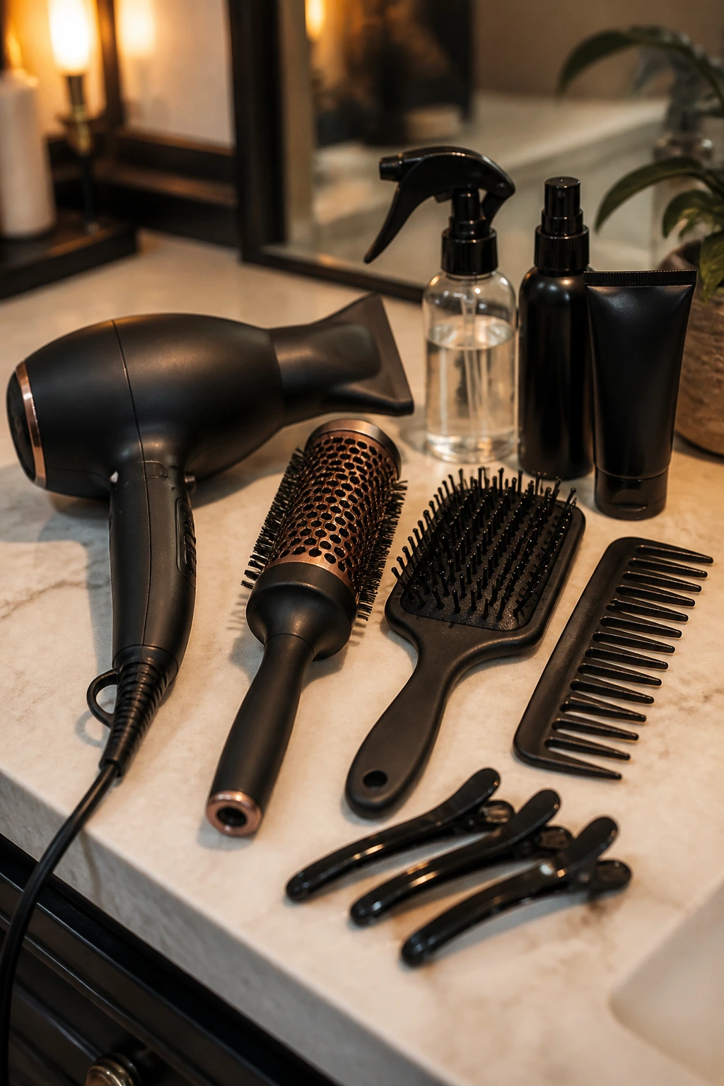 Close-up of essential hair styling tools for thick hair on bathroom counter