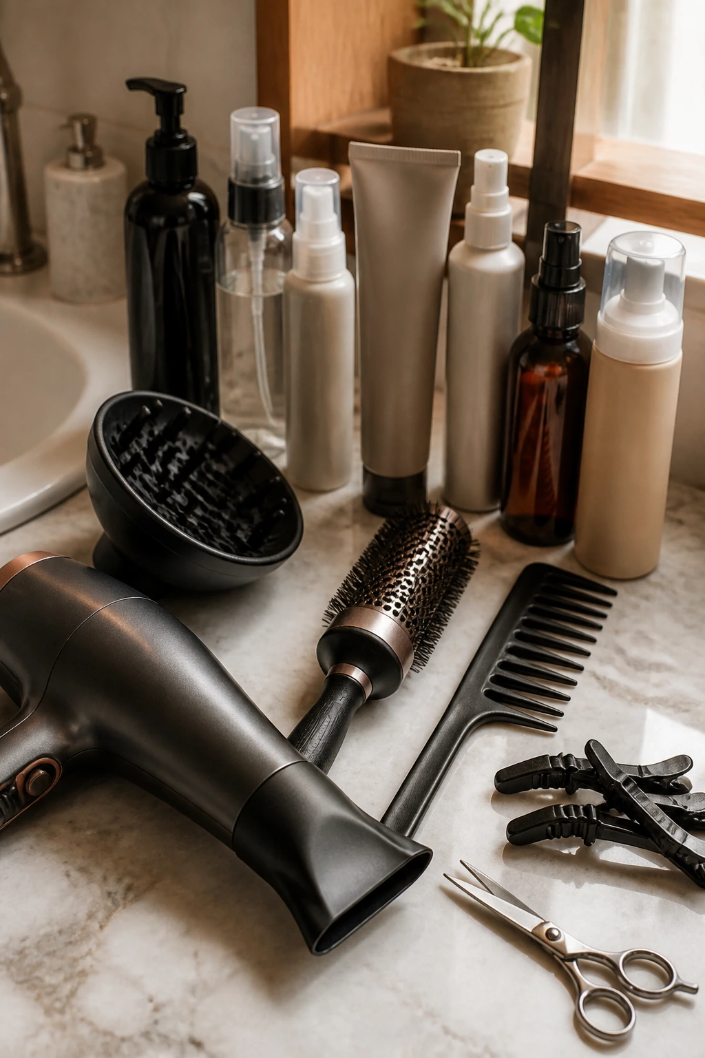Close-up of hair tools on a bathroom counter: dryer, diffuser, brush, comb, clips, and sprays.