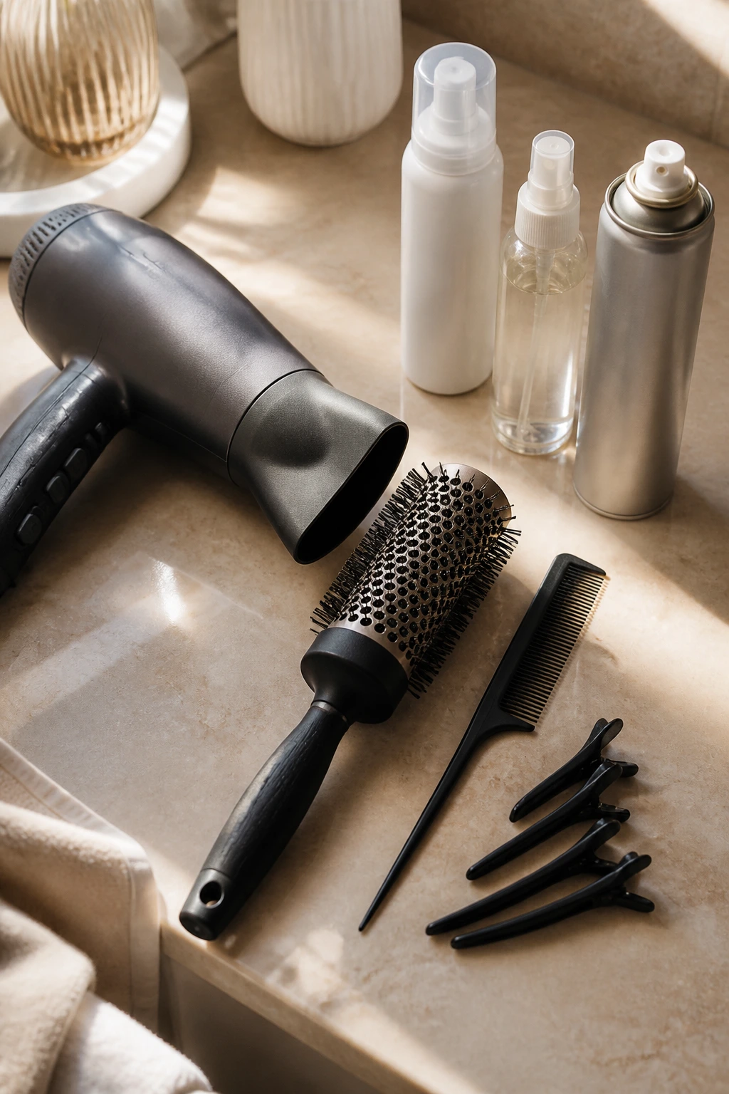Close-up flat-lay of essential thin-hair tools on a bathroom counter