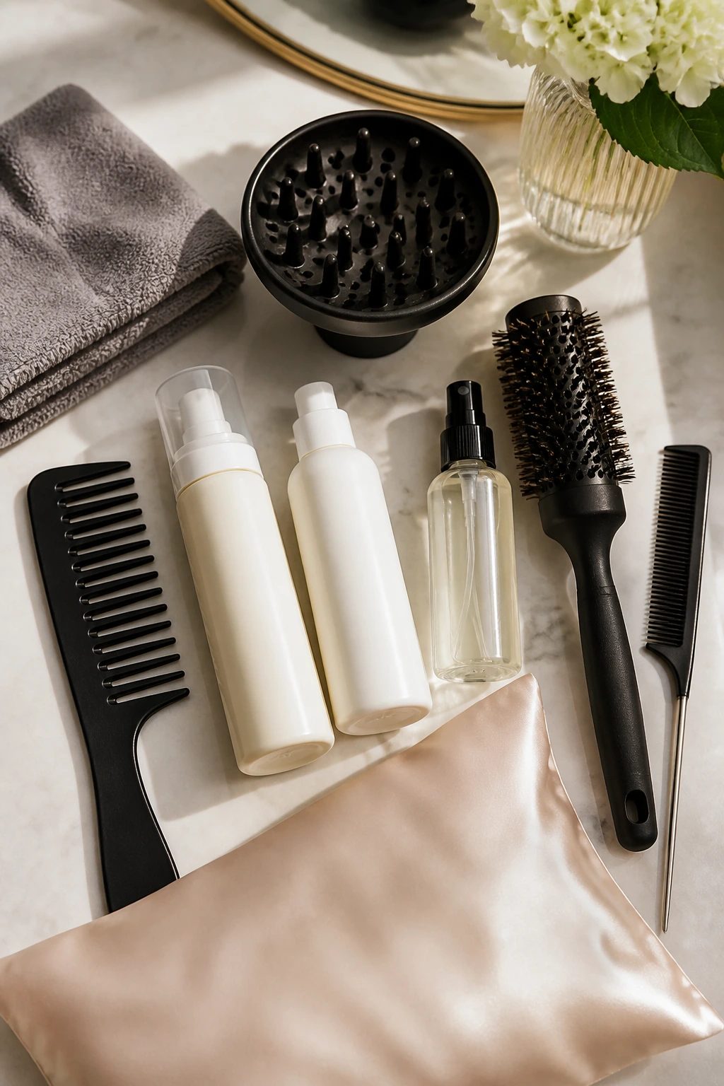 Top-down view of essential hair tools for thinning wavy hair arranged neatly