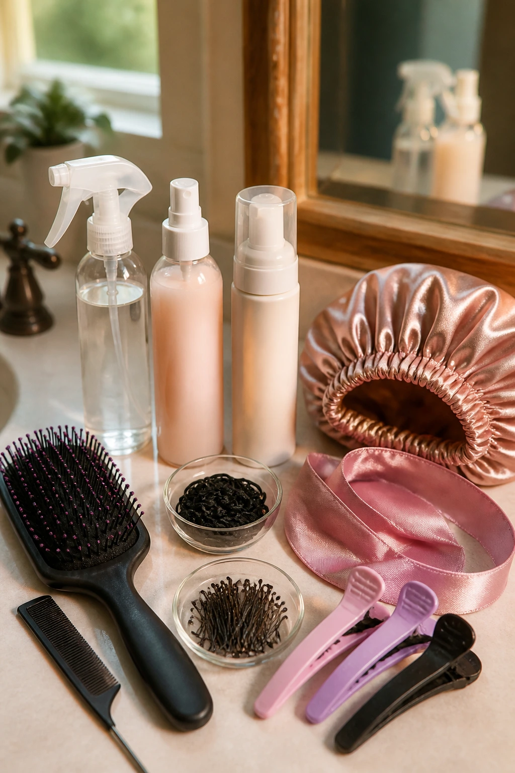 Close-up of hair tools for twisting styles on bathroom counter.