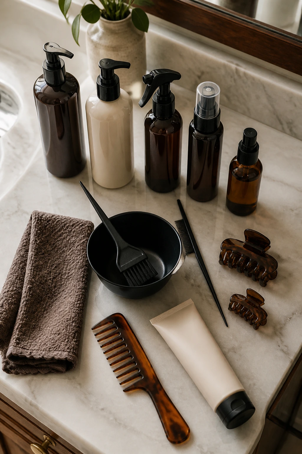 Close-up of unlabeled hair-care bottles and tools arranged on a marble bathroom counter