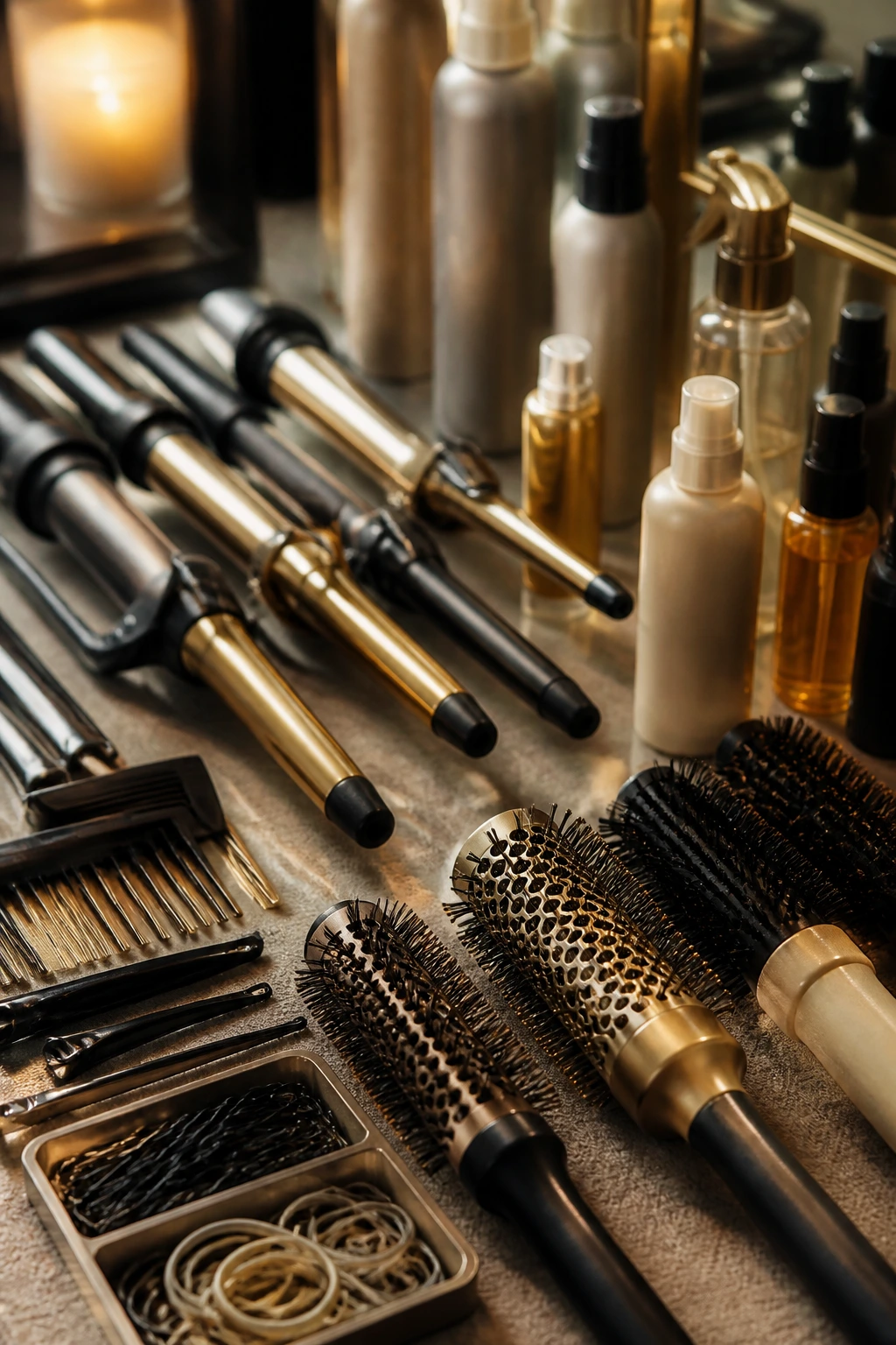 Close-up of hair tools arranged neatly on a vanity