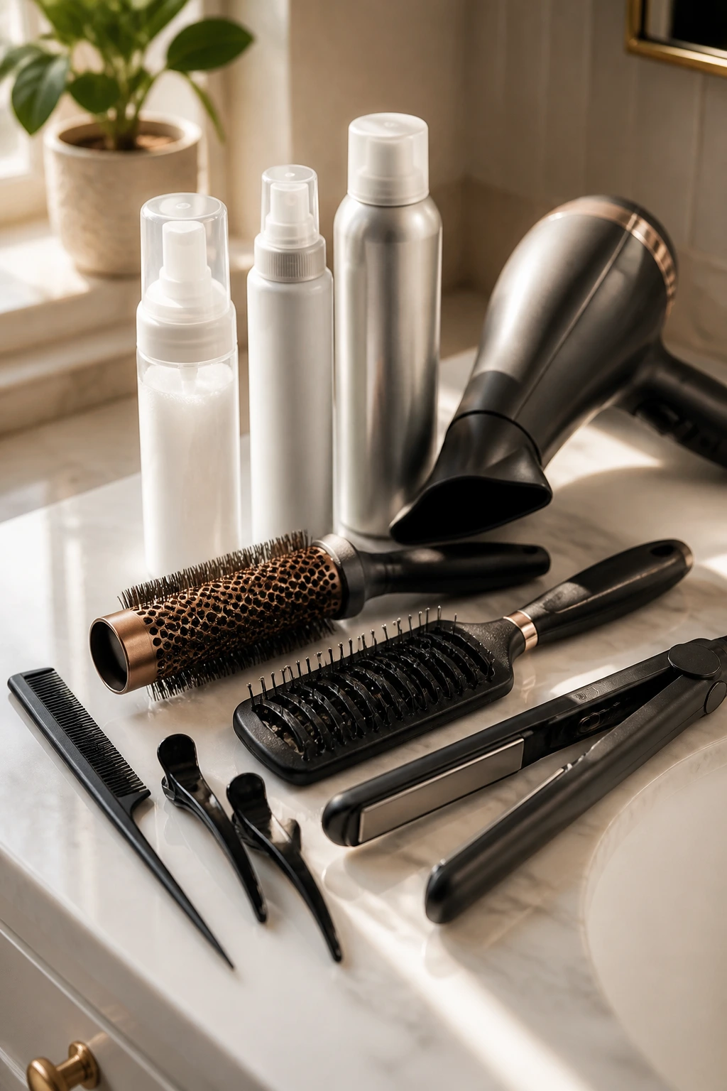 Close-up of essential hair tools on a bathroom vanity including tail comb, dryer nozzle, brushes, mousse, and sprays