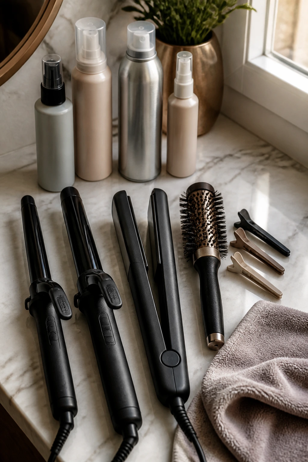 Close-up of essential hair tools arranged on a vanity for lob styling