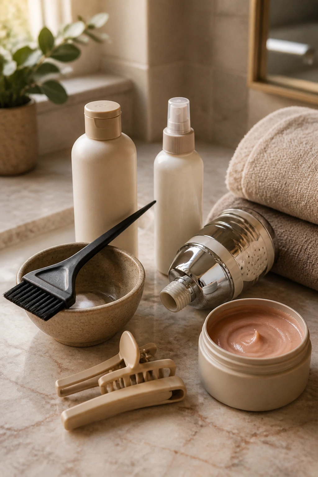 Close-up still life of hair tools and products for warm blonde maintenance on a bathroom counter