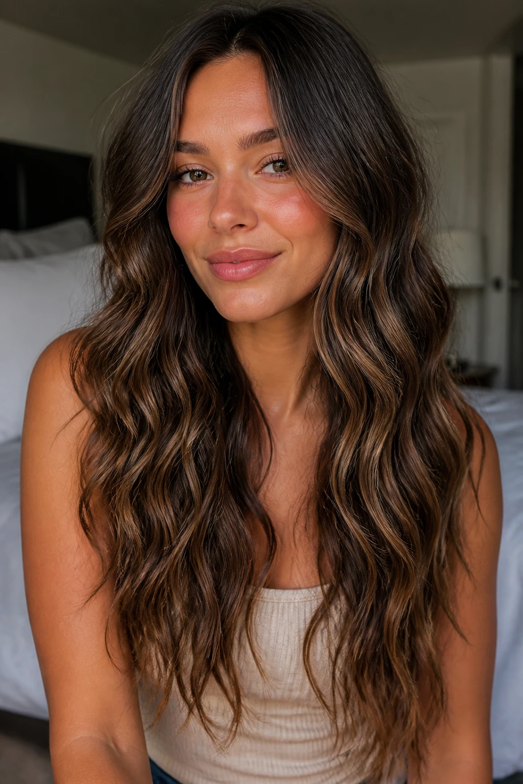 Portrait of a woman with long glossy waves in a cozy bedroom setting, implying styling tools used to create easier wear