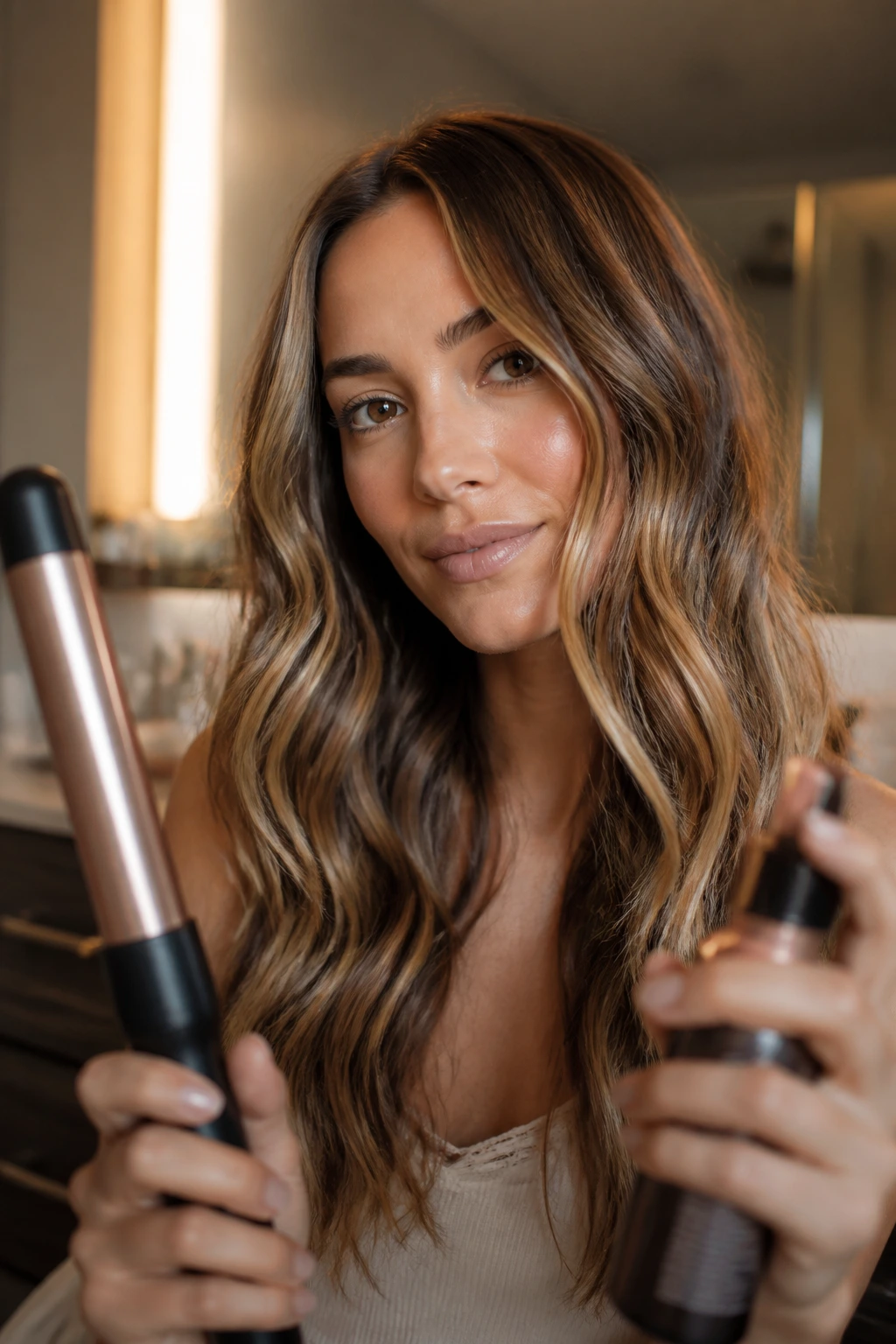 Person with beachy waves and curling wand in foreground